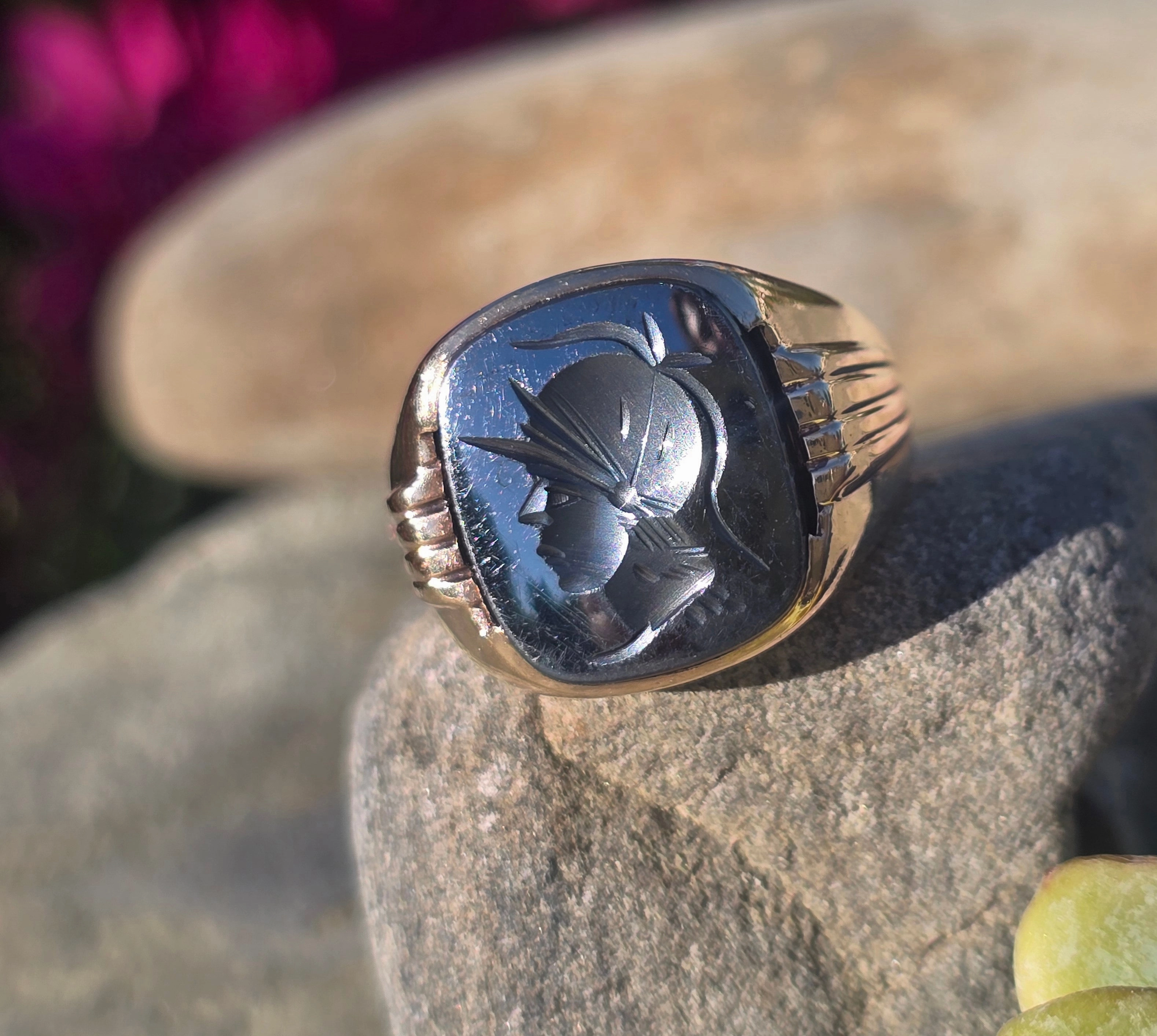 10k gold Deco hematite warrior Intaglio ring