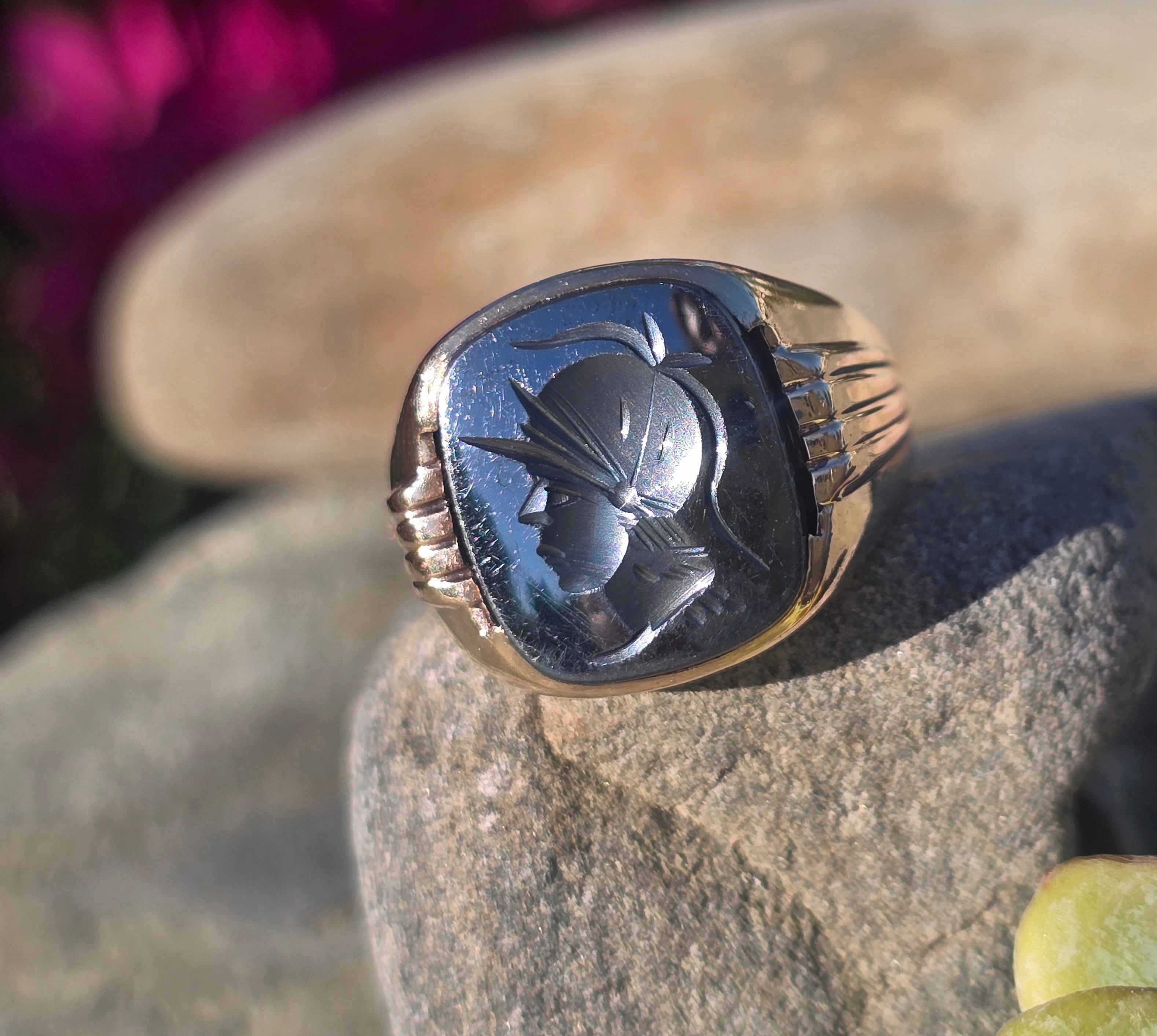 10k gold Deco hematite warrior Intaglio ring