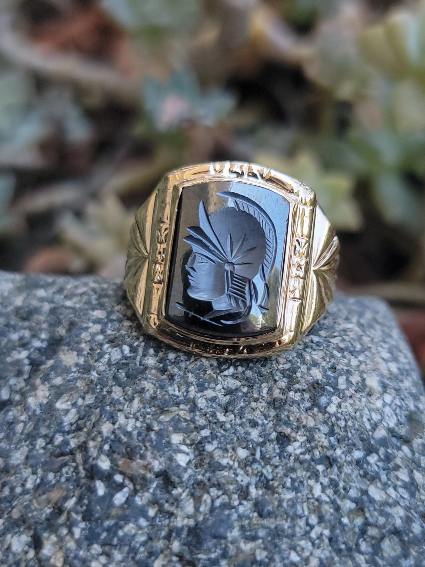 10k gold Deco hematite warrior Intaglio ring