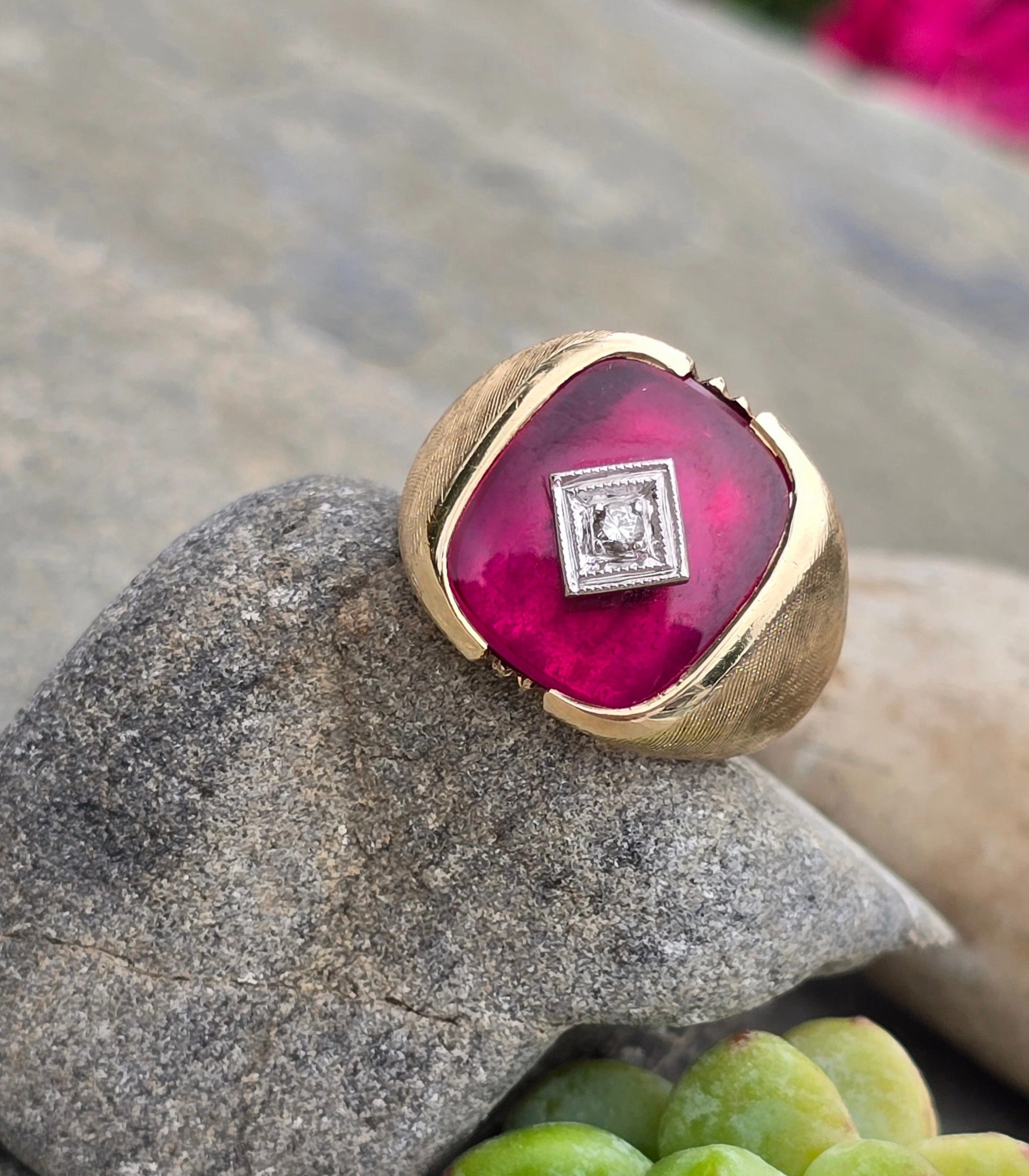 10k gold two tone Deco created ruby & genuine diamond estate men's ring band