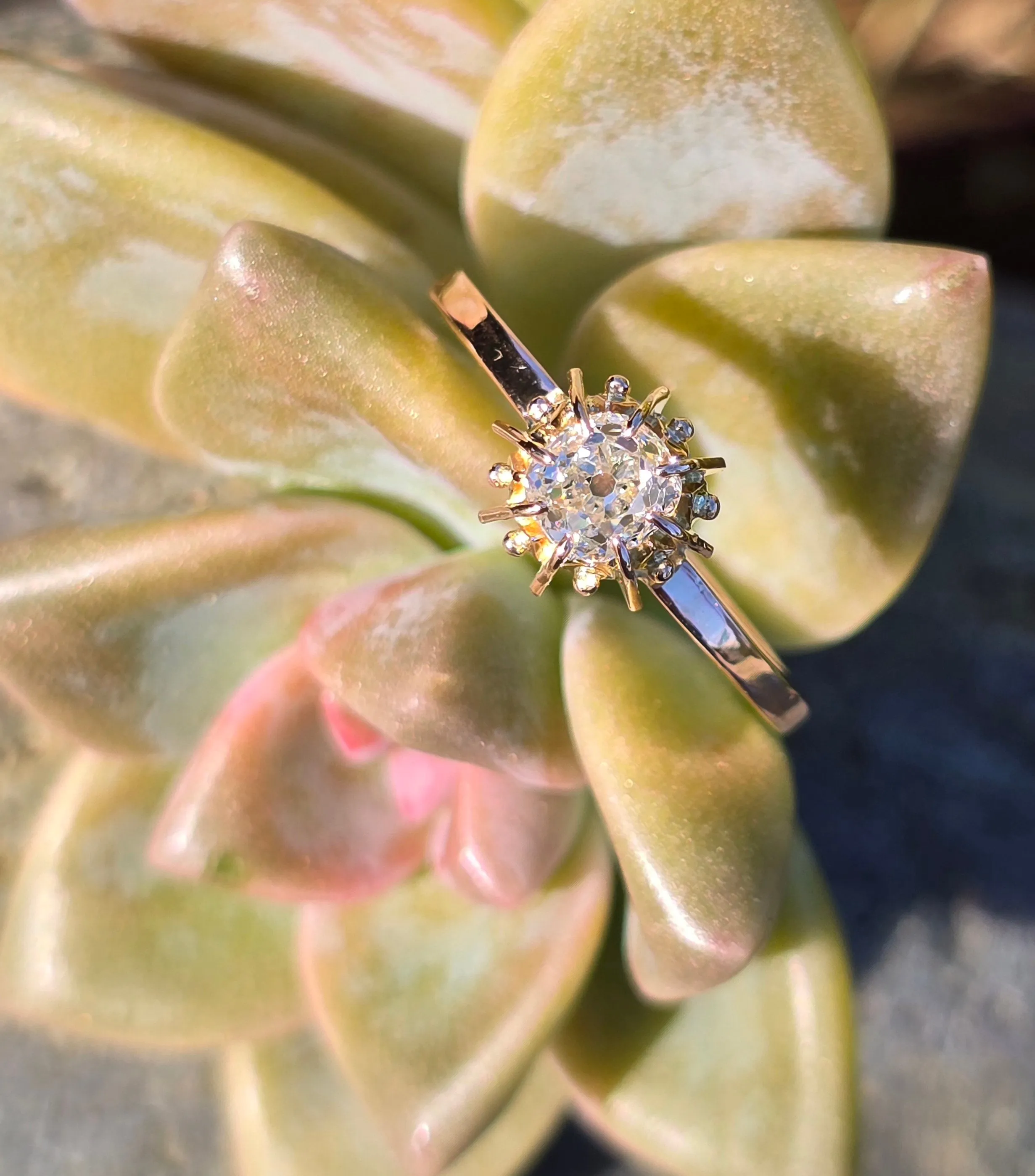 14k gold .54ct old mine cut diamond solitaire antique estate ring -