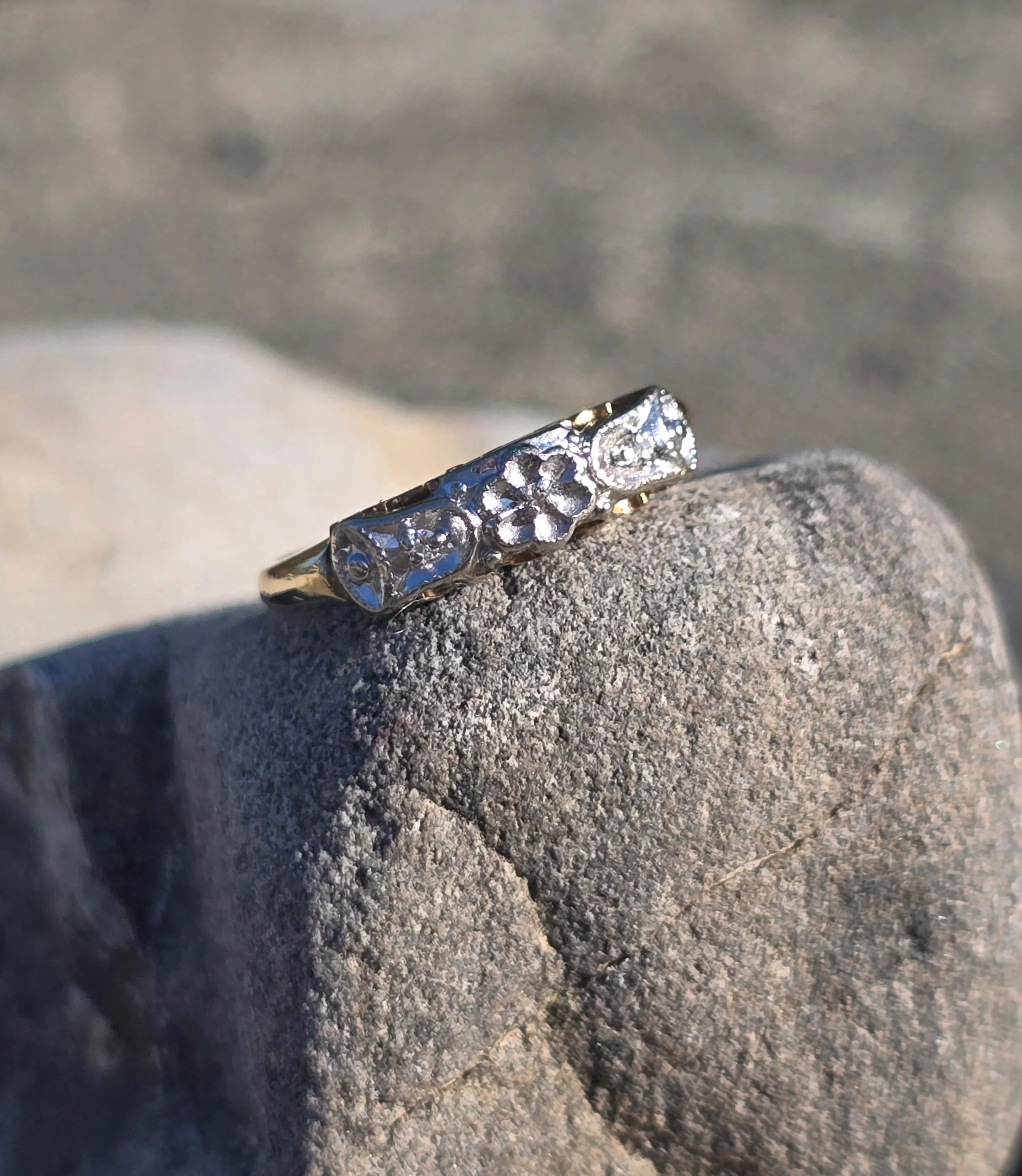 14k gold two-tone 3 diamond estate wedding stackable band - flowers & bells