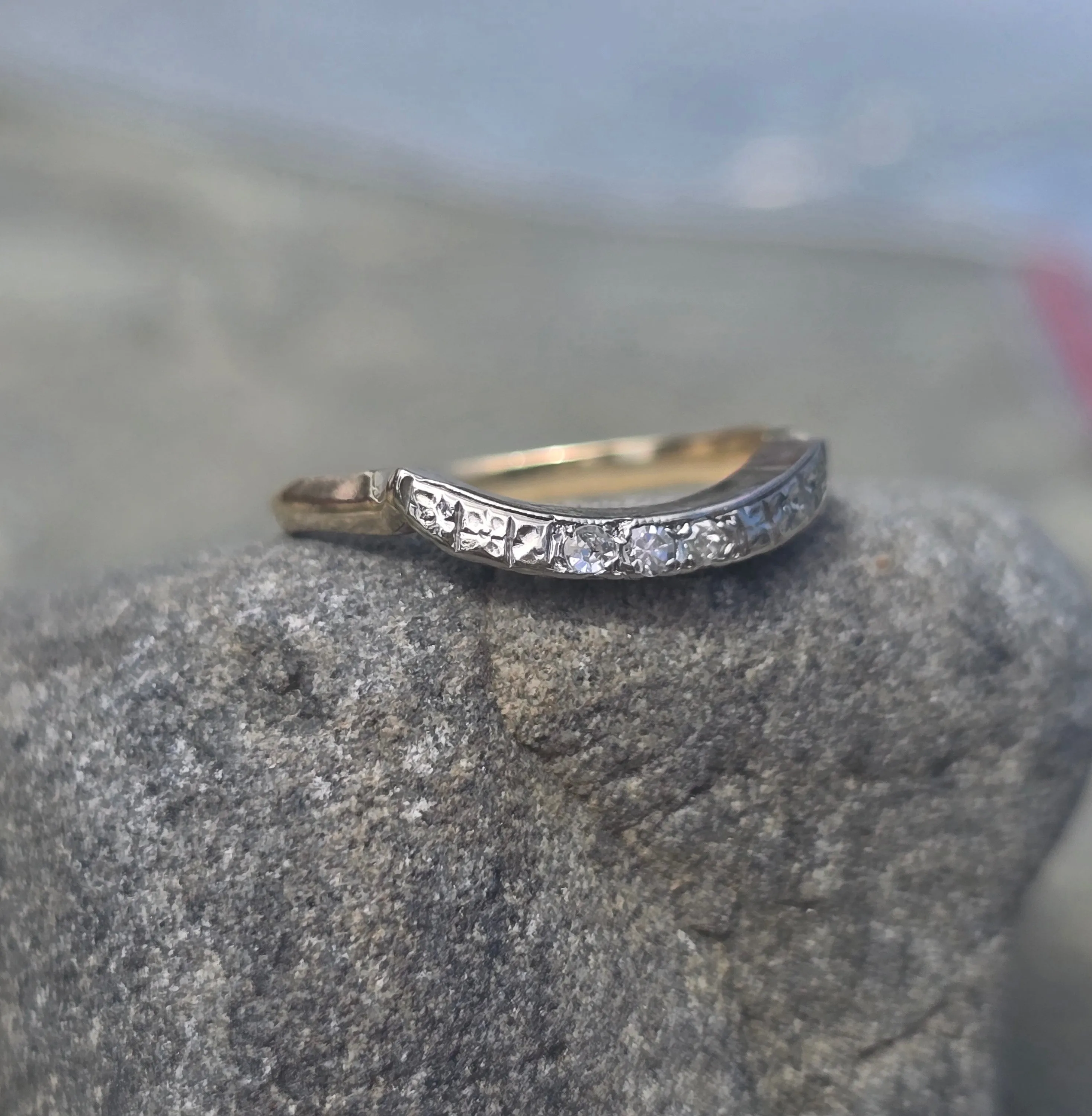 14k gold two tone curved diamond estate floral flower band