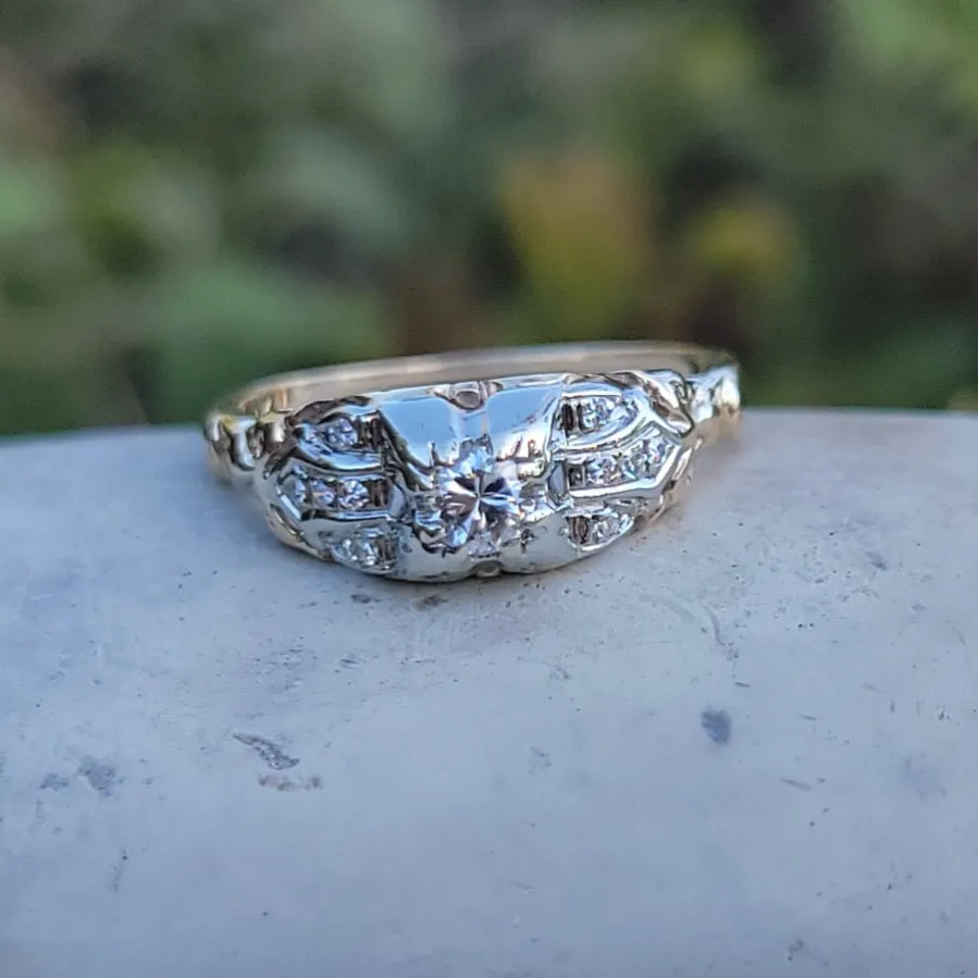 14k gold two tone diamond estate Deco c.1930's ring