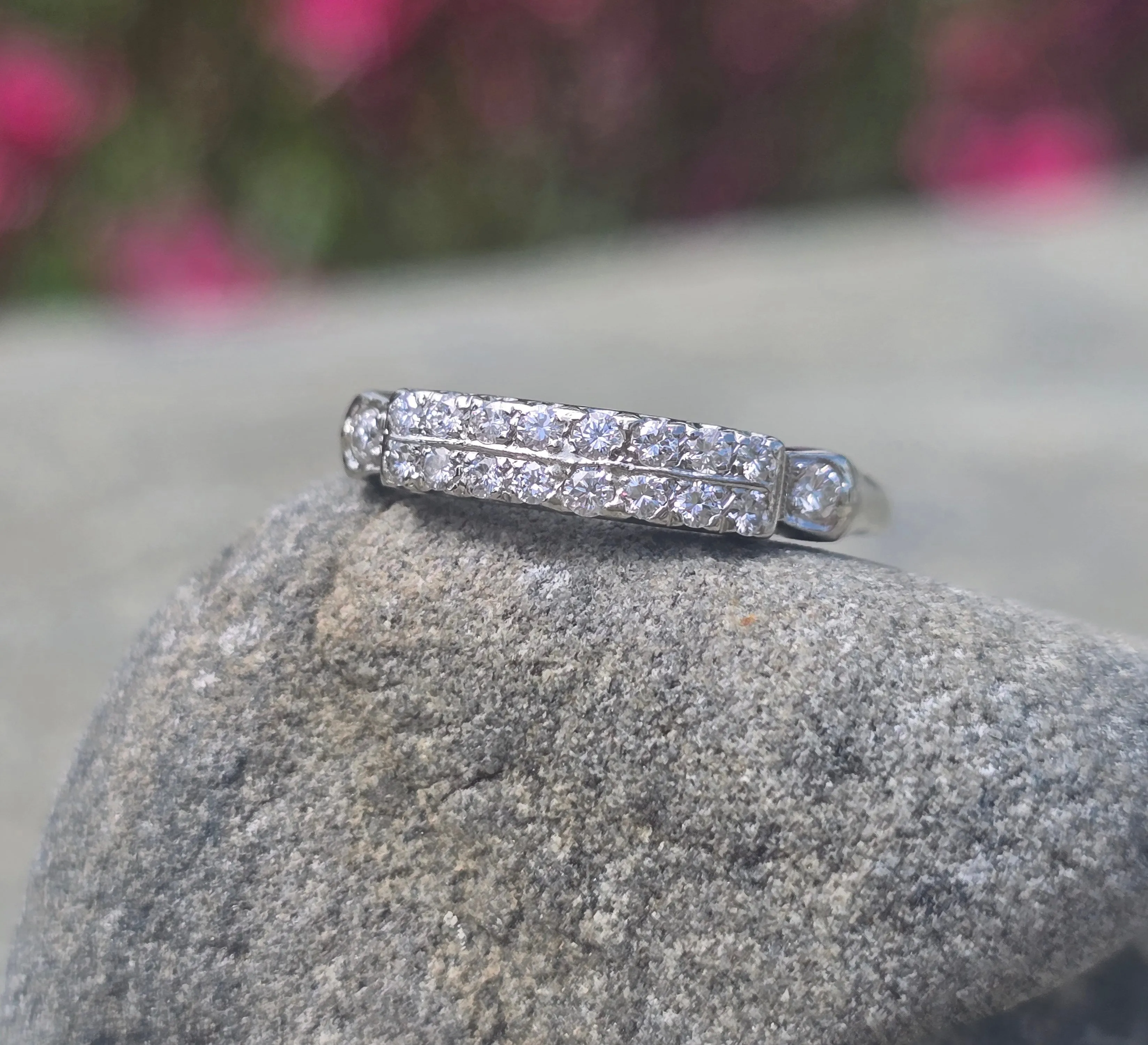 14k white gold diamond 2 row estate band - apx .20ct tw