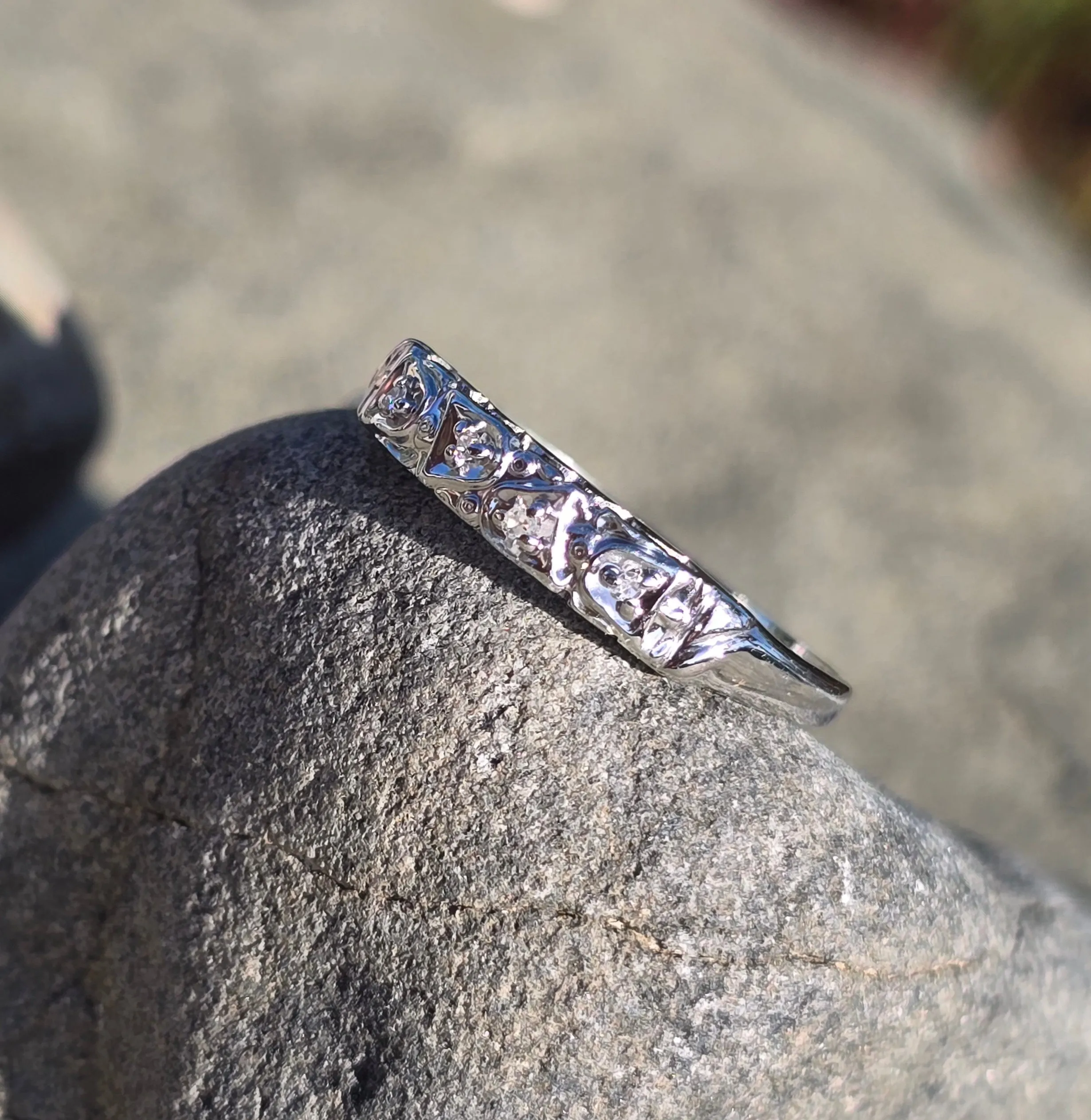 14k white gold diamond estate wedding stackable band - bells