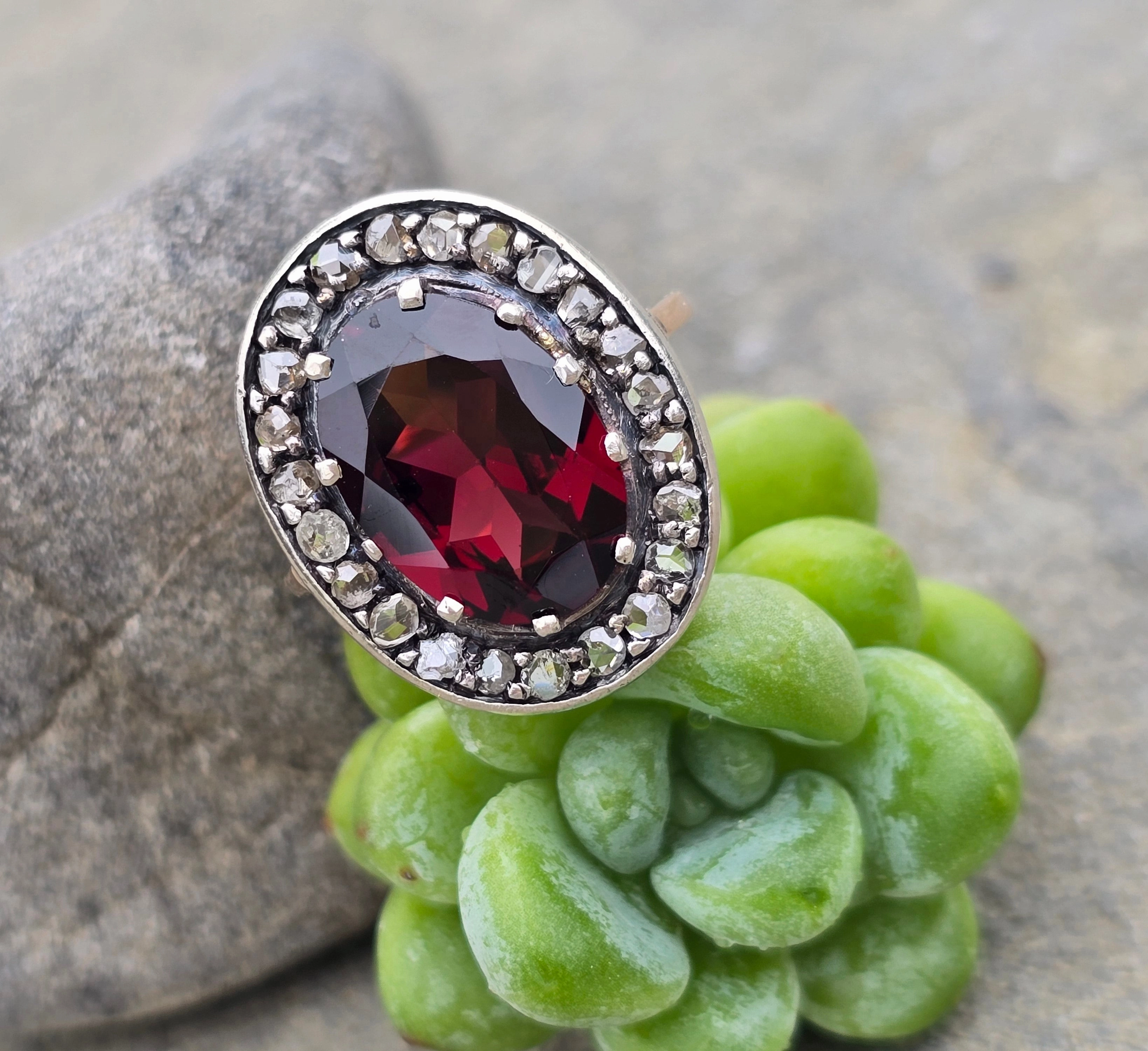 14k gold   silver top Edwardian diamond and garnet halo antique ring