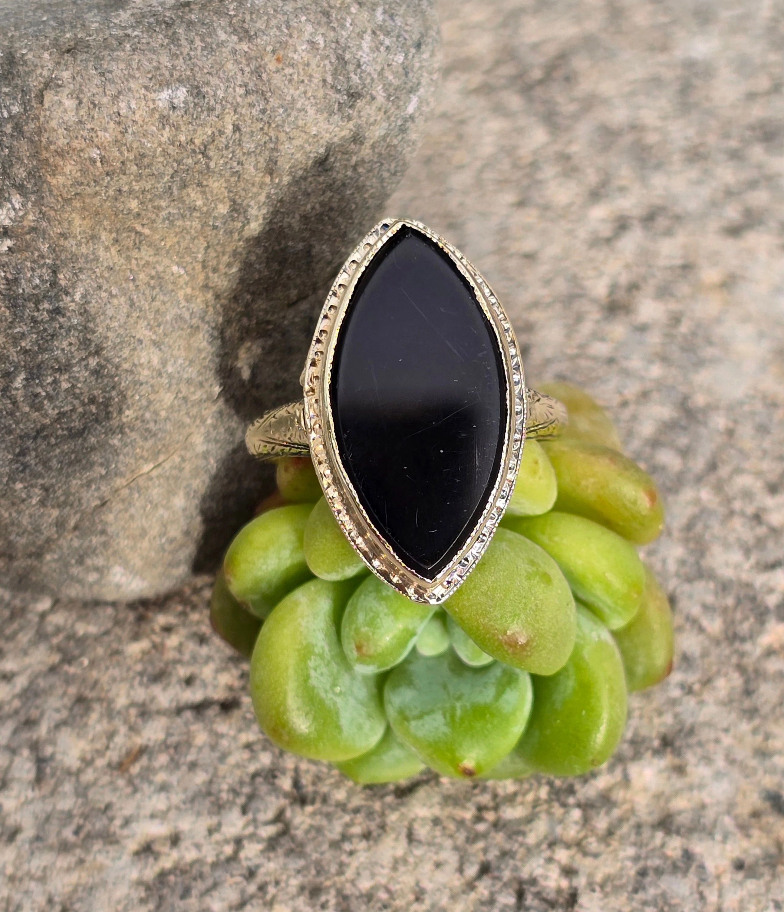 14k gold black onyx marquise Deco ring