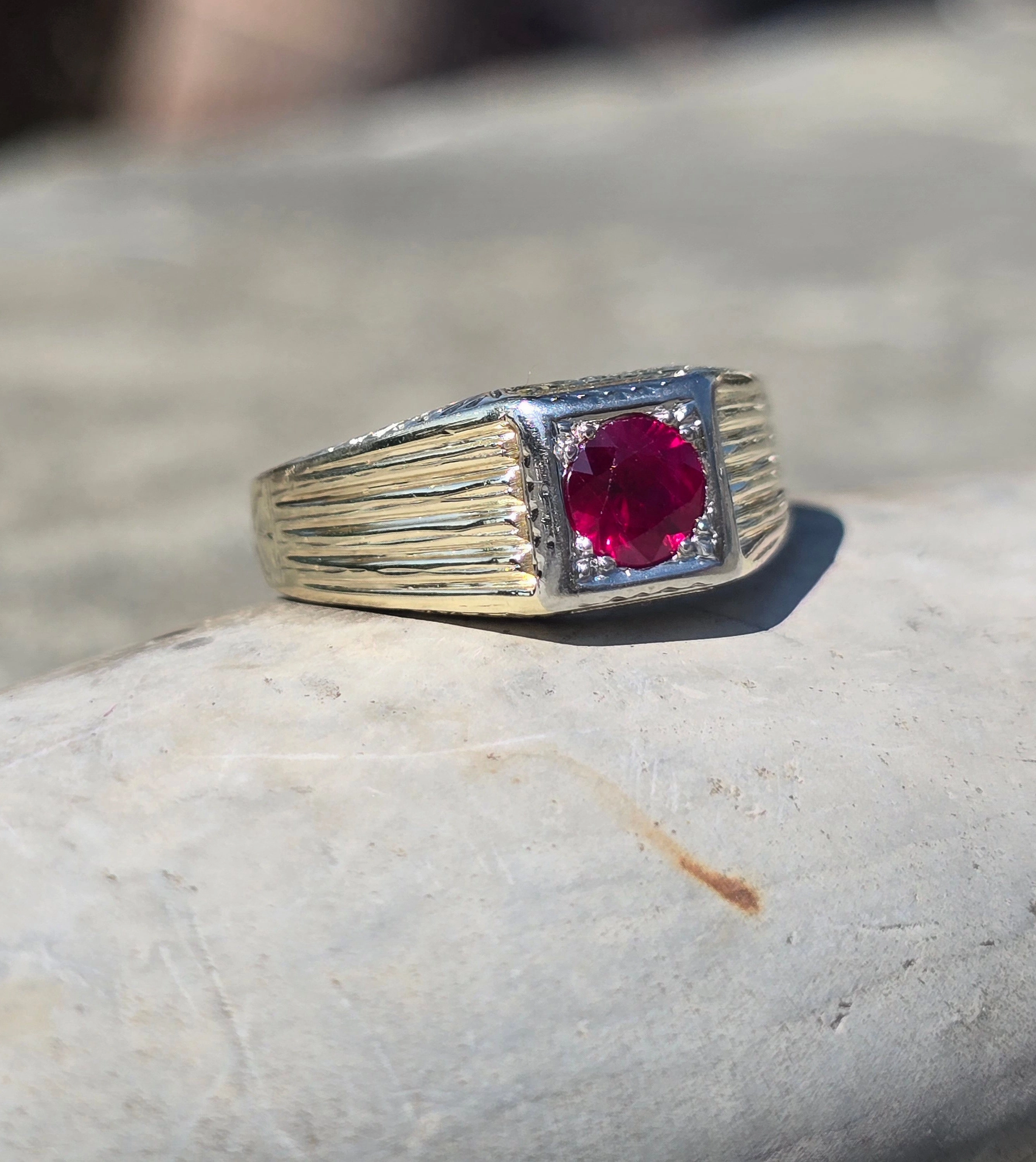 14k gold two-tone ruby estate Deco band ring