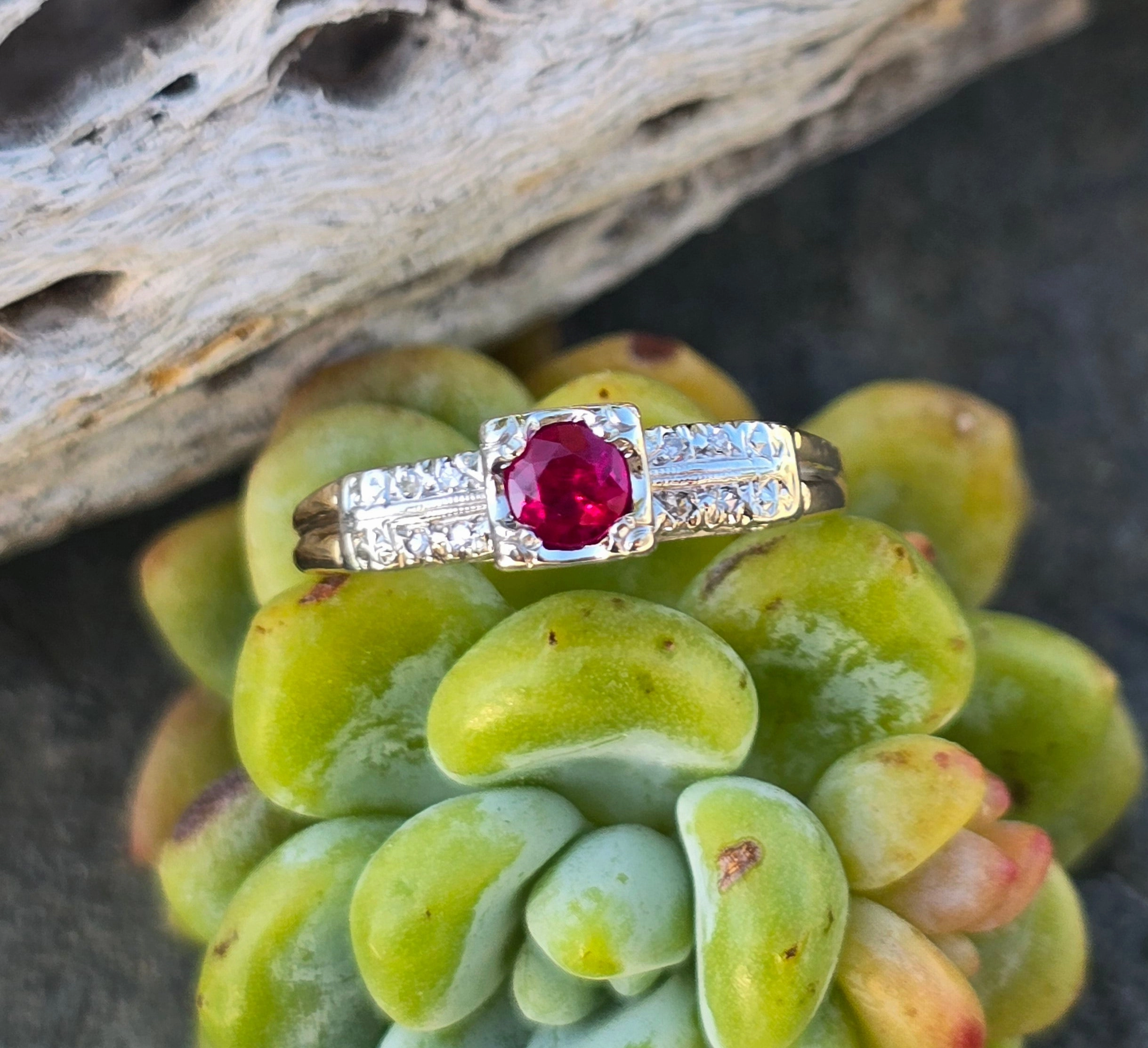 14k two tone Deco ruby and diamond estate ring