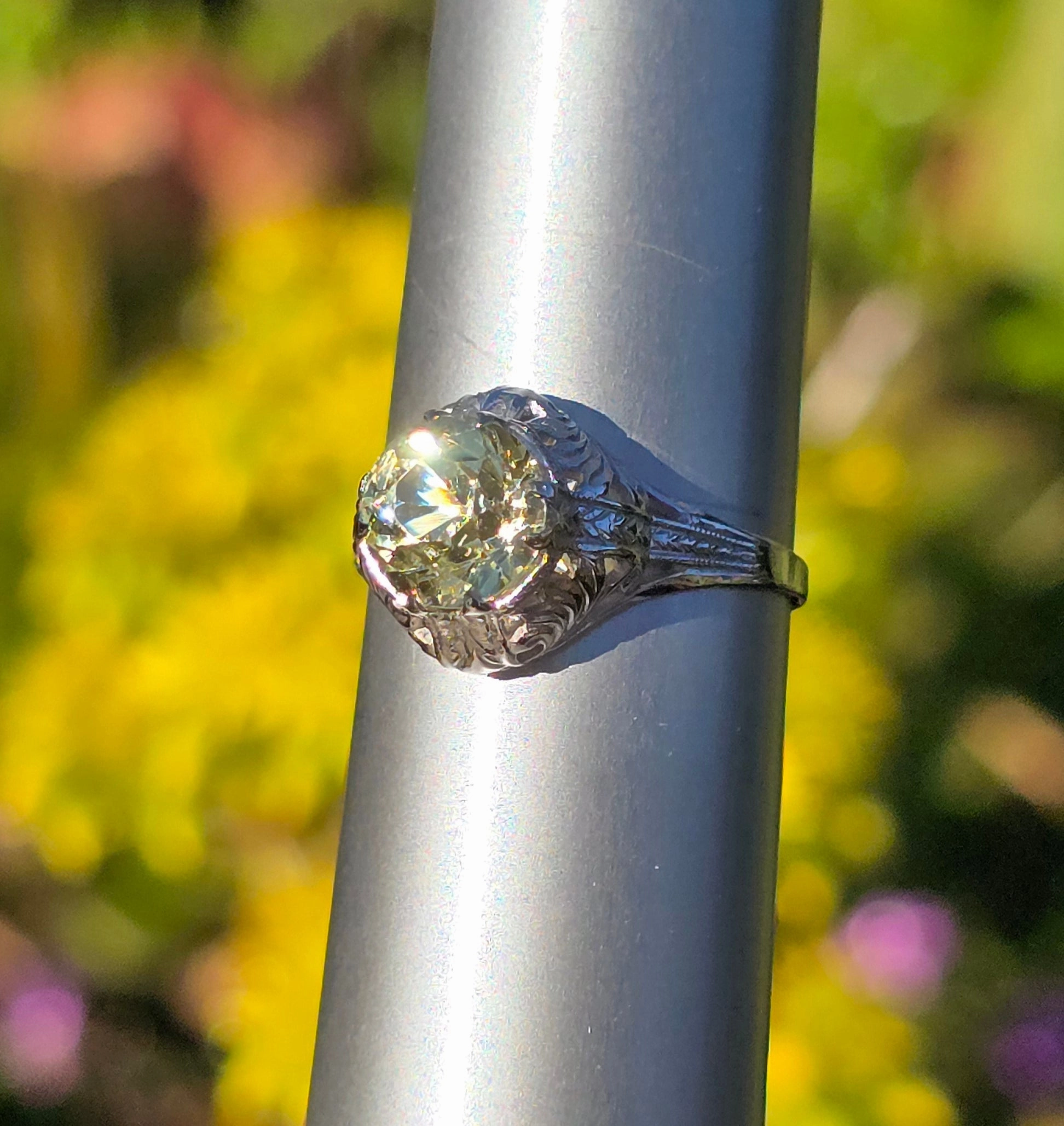 14k white gold Art Deco c.1920's natural yellow zircon estate filigree ring