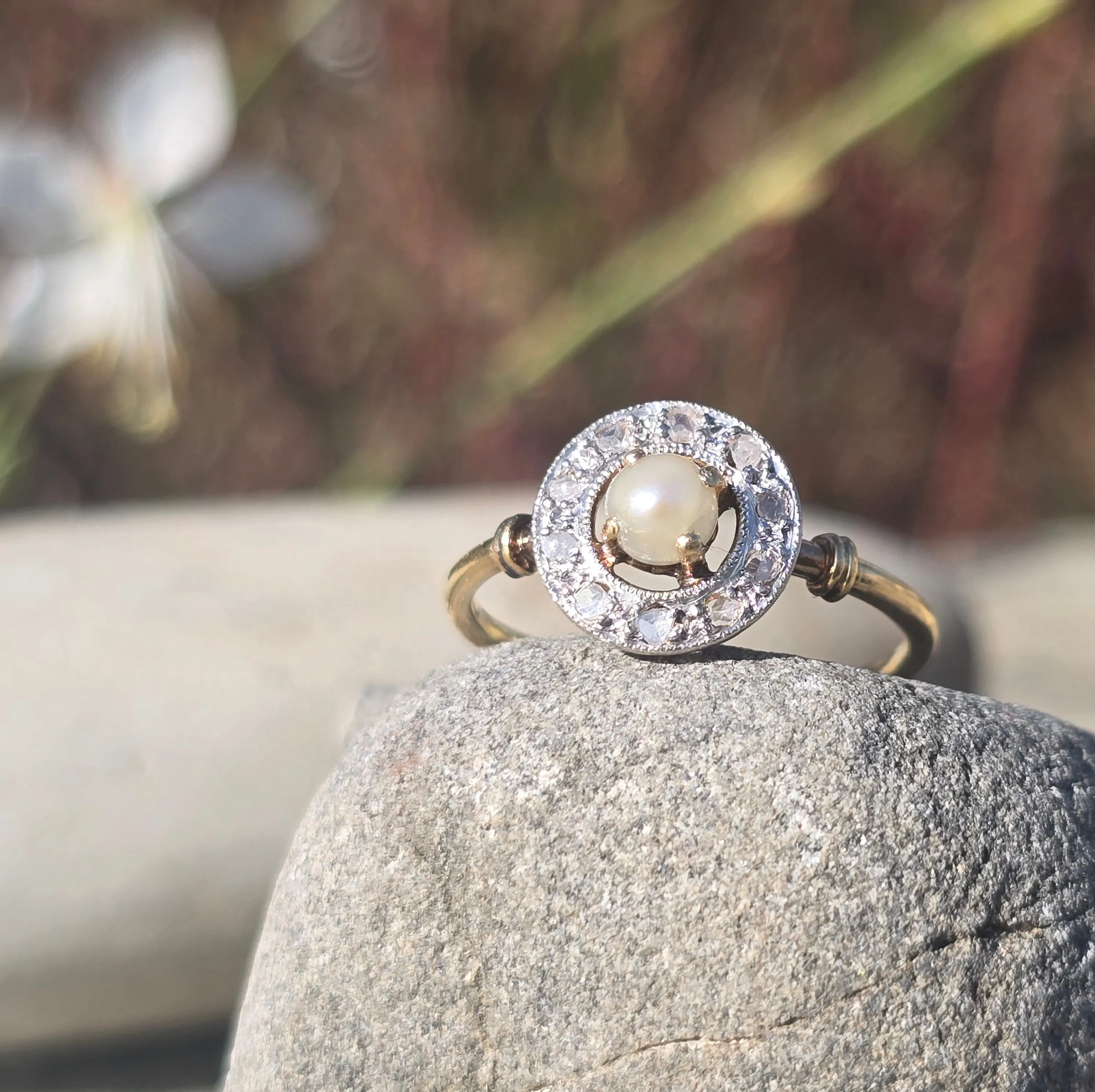 18ct two tone Edwardian diamond and pearl antique halo ring