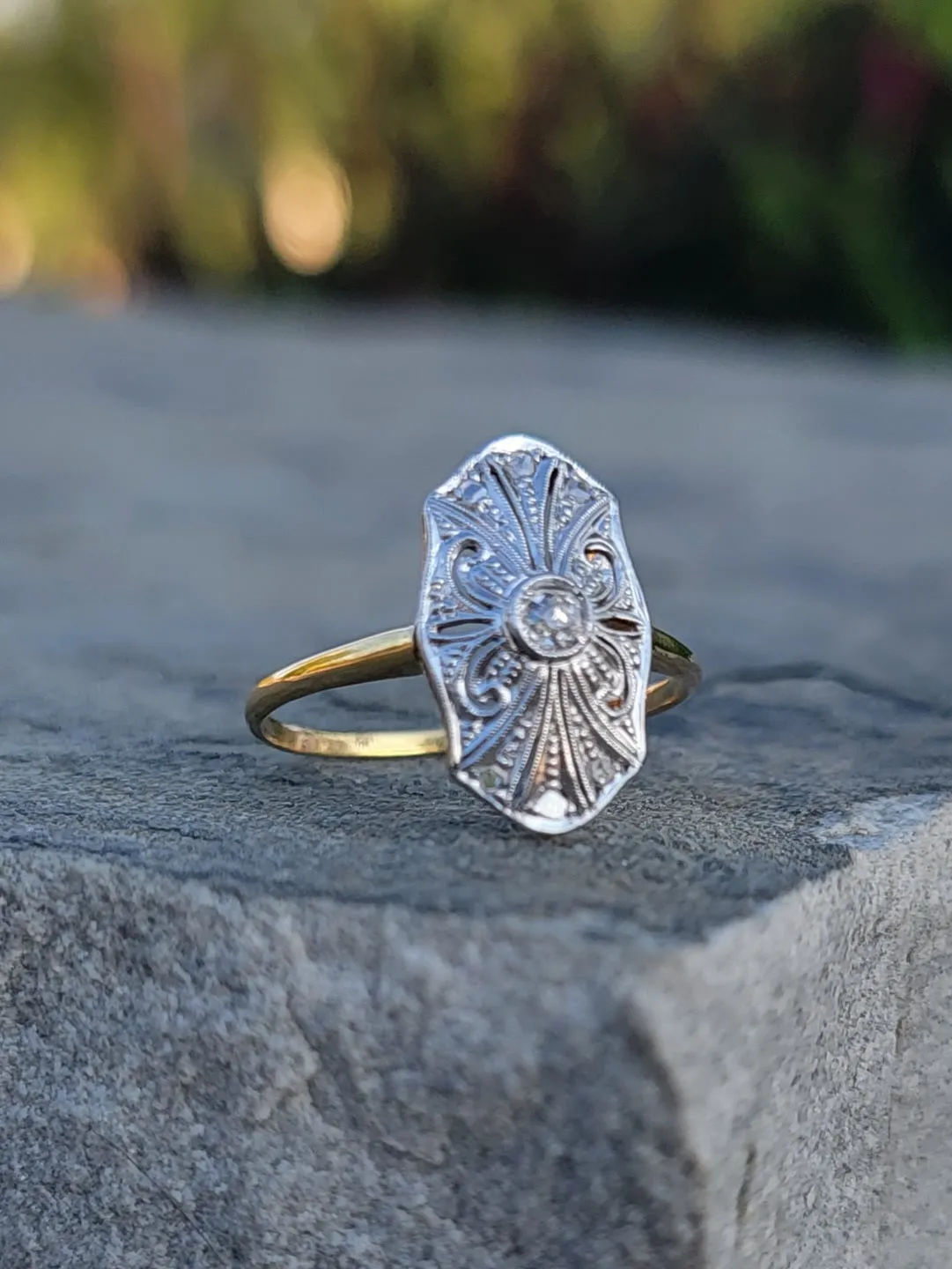 18k gold two tone Deco estate diamond navette ring