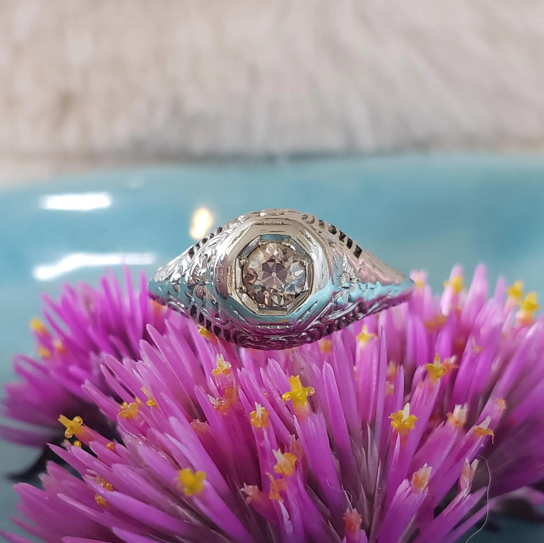18k gold white gold c.1930s filigree diamond Ring