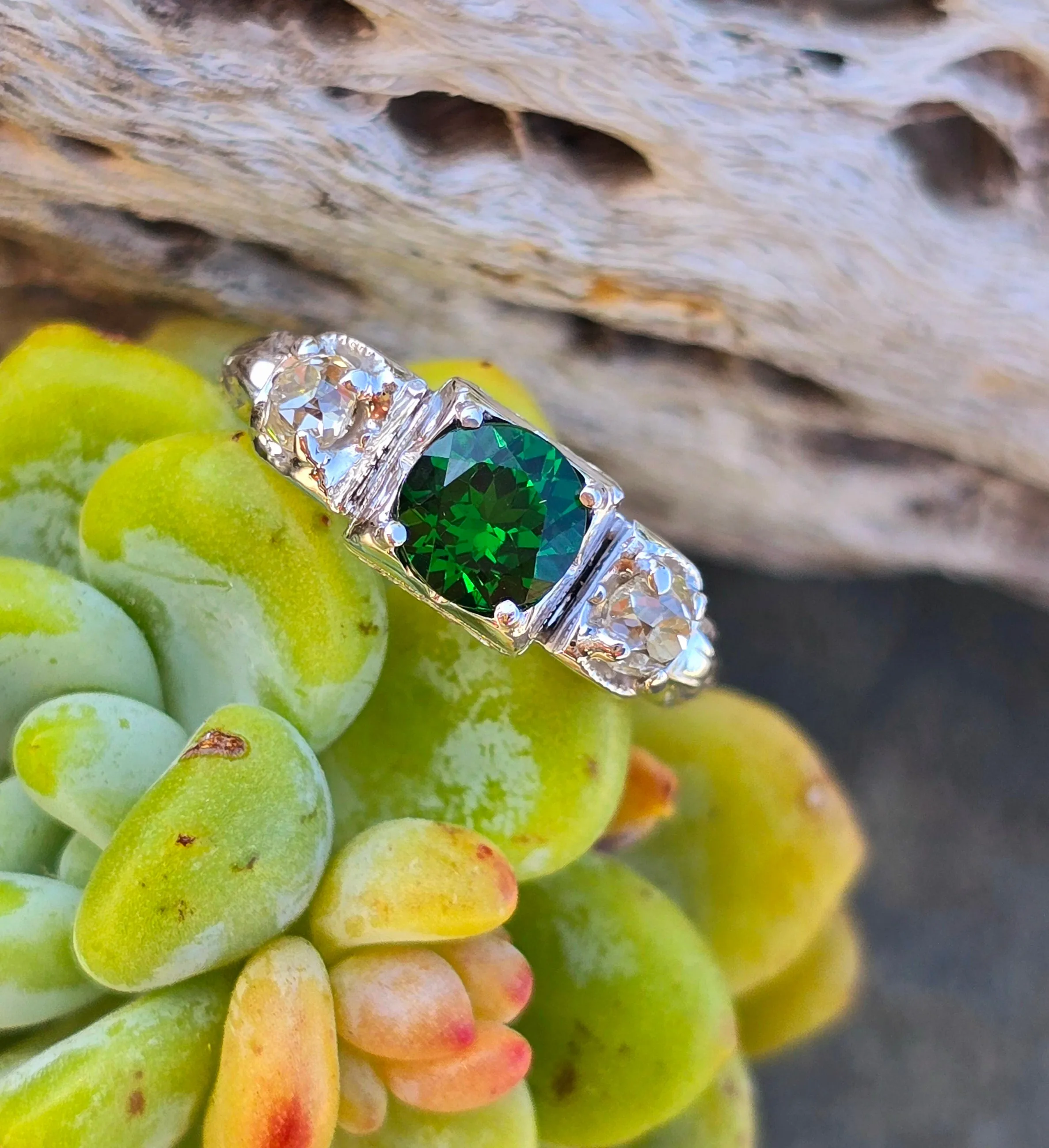18k white gold c.1920's mine cut diamond & tzavorite garnet estate ring