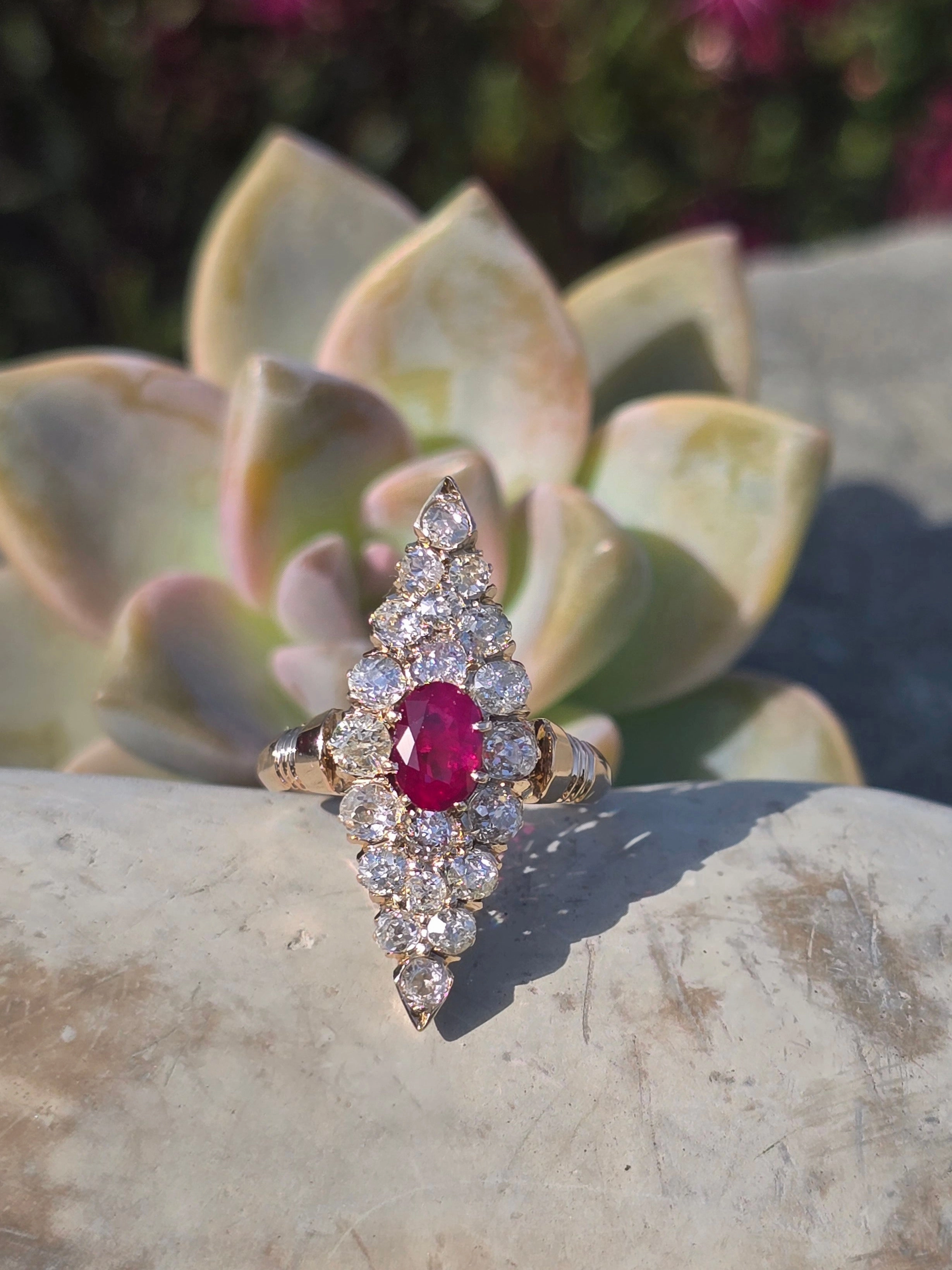 18k gold ruby and diamond antique shield glove navette ring