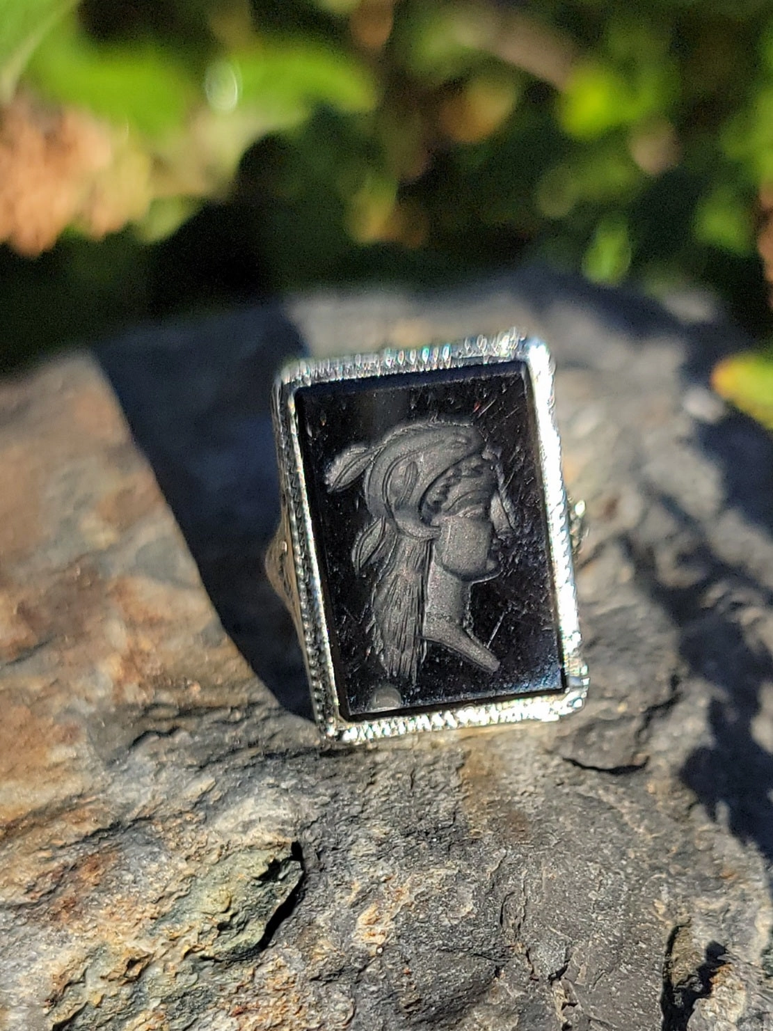 18k white gold filigree Deco Black Onyx Intaglio ring