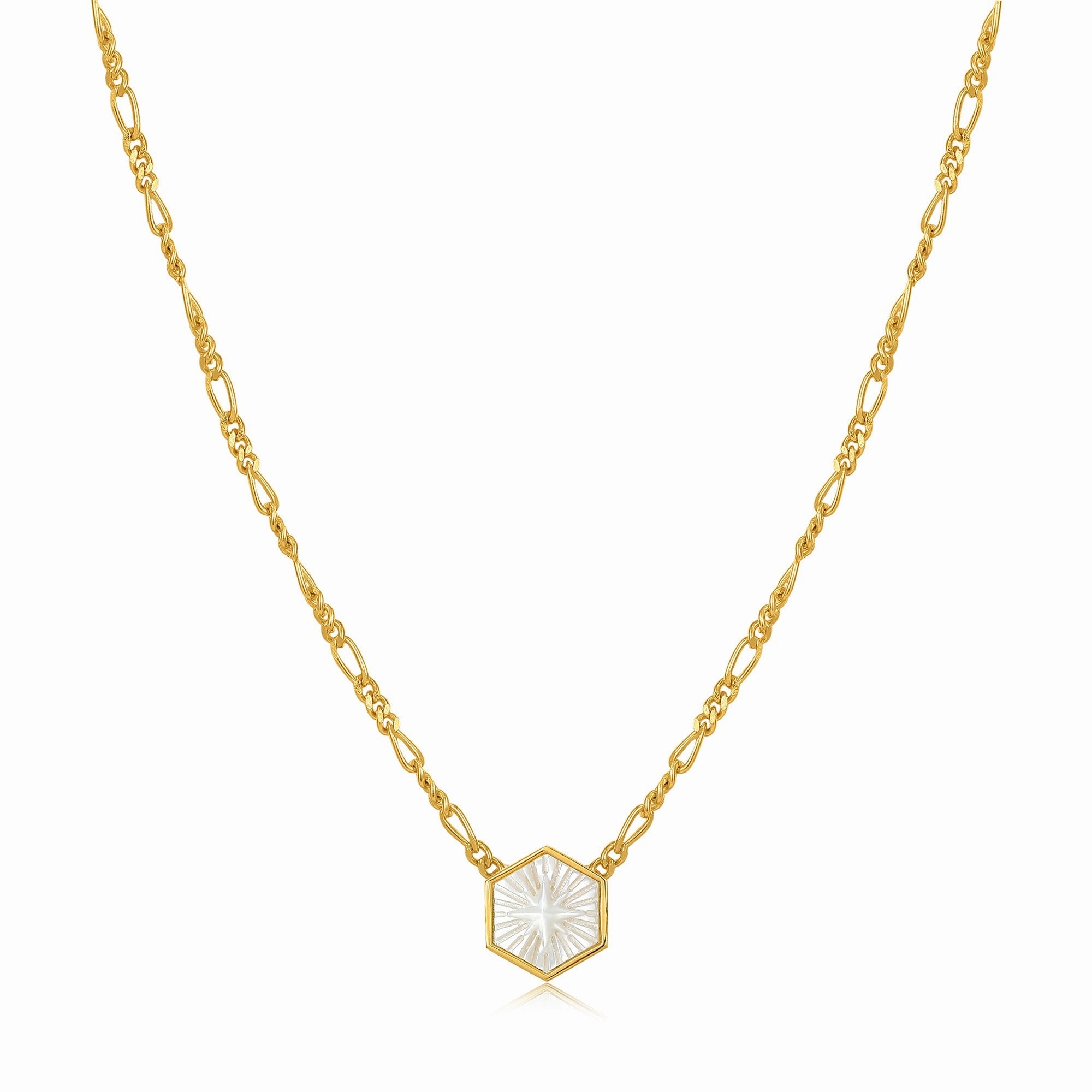 Compass Emblem Gold Figaro Chain Necklace