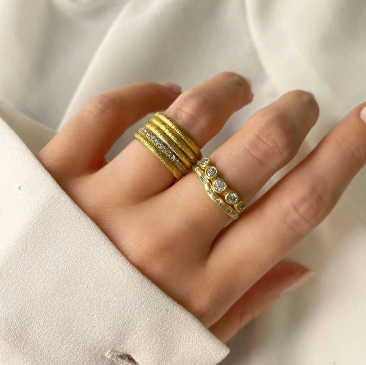 Curved Brushed Gold Diamond Ring