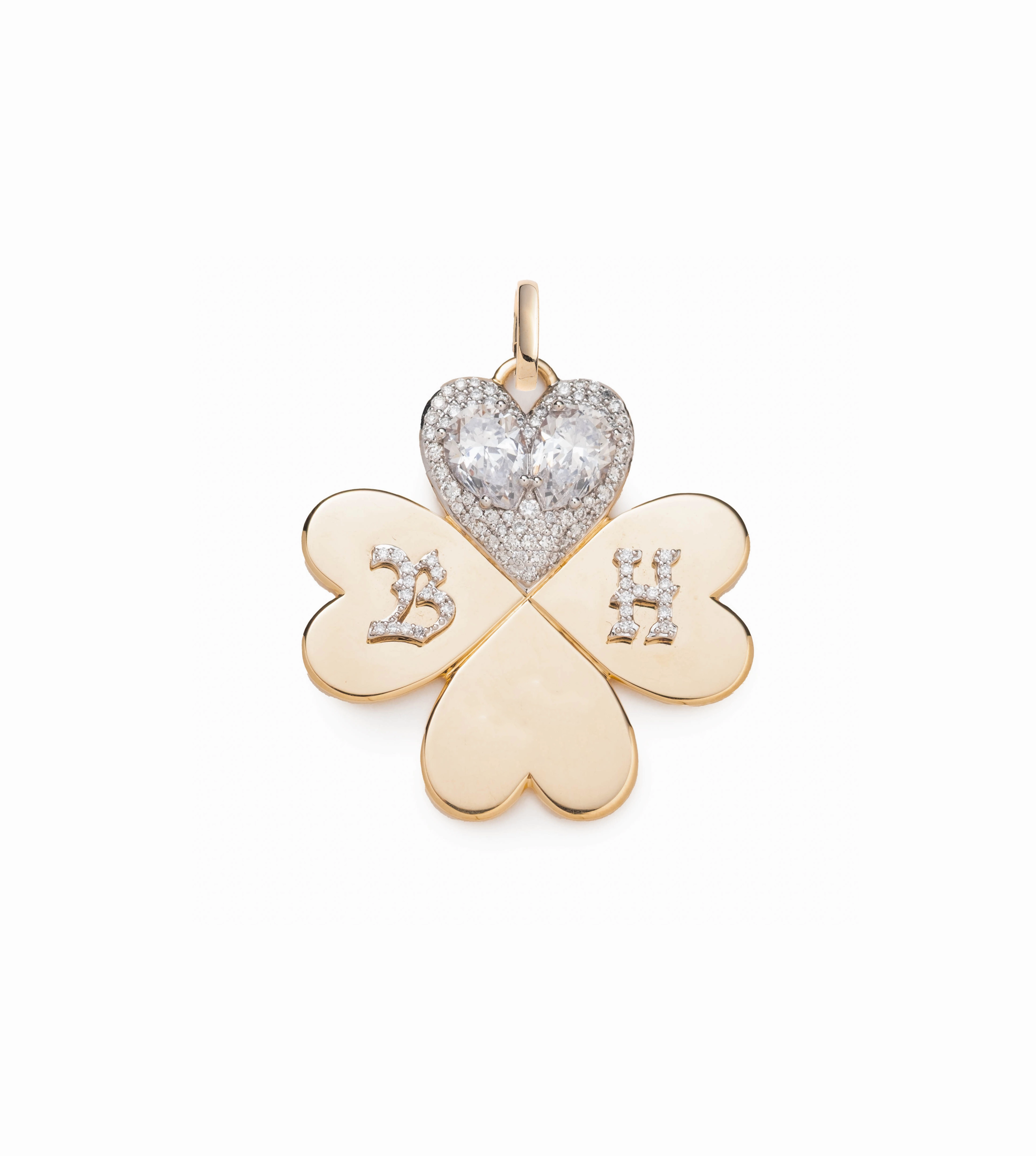 Custom Four Heart Clover Large Pendant : in Yellow Gold with Pear Diamonds with an Annex Link