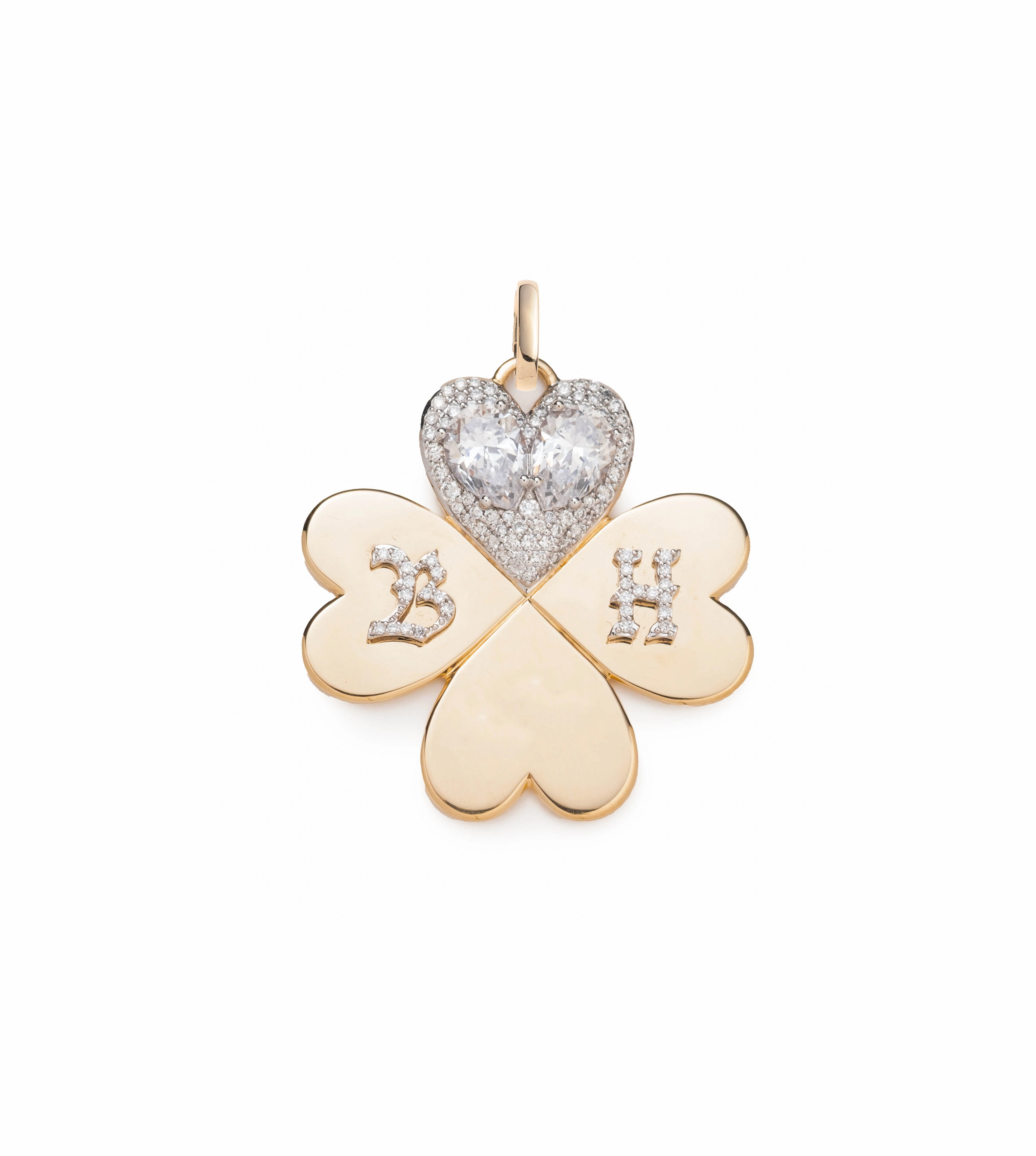 Custom Four Heart Clover Large Pendant : in Yellow Gold with Pear Diamonds with an Annex Link