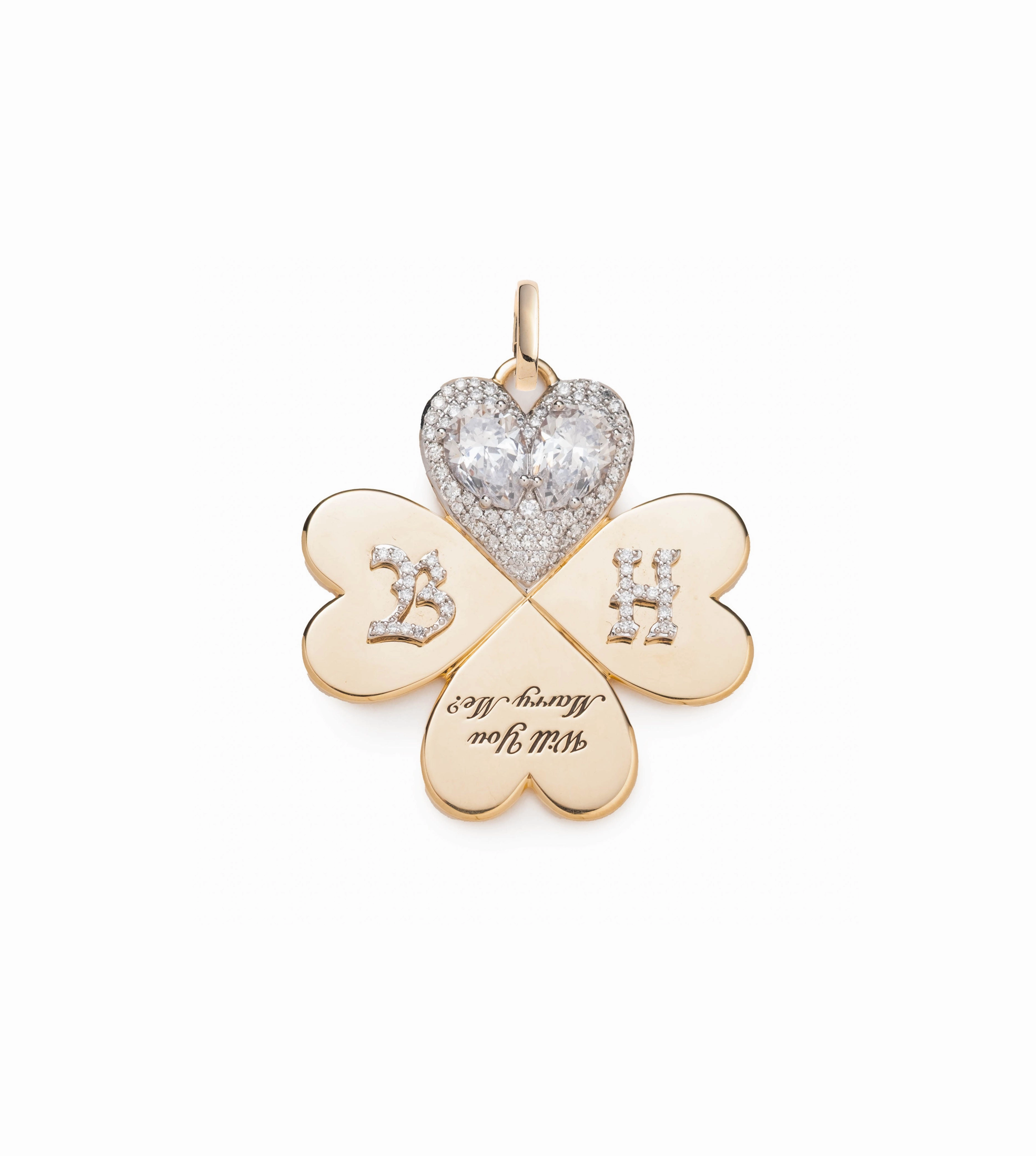 Custom Will You Marry Me Large Pendant : in Yellow Gold with Pear Diamonds with an Annex Link