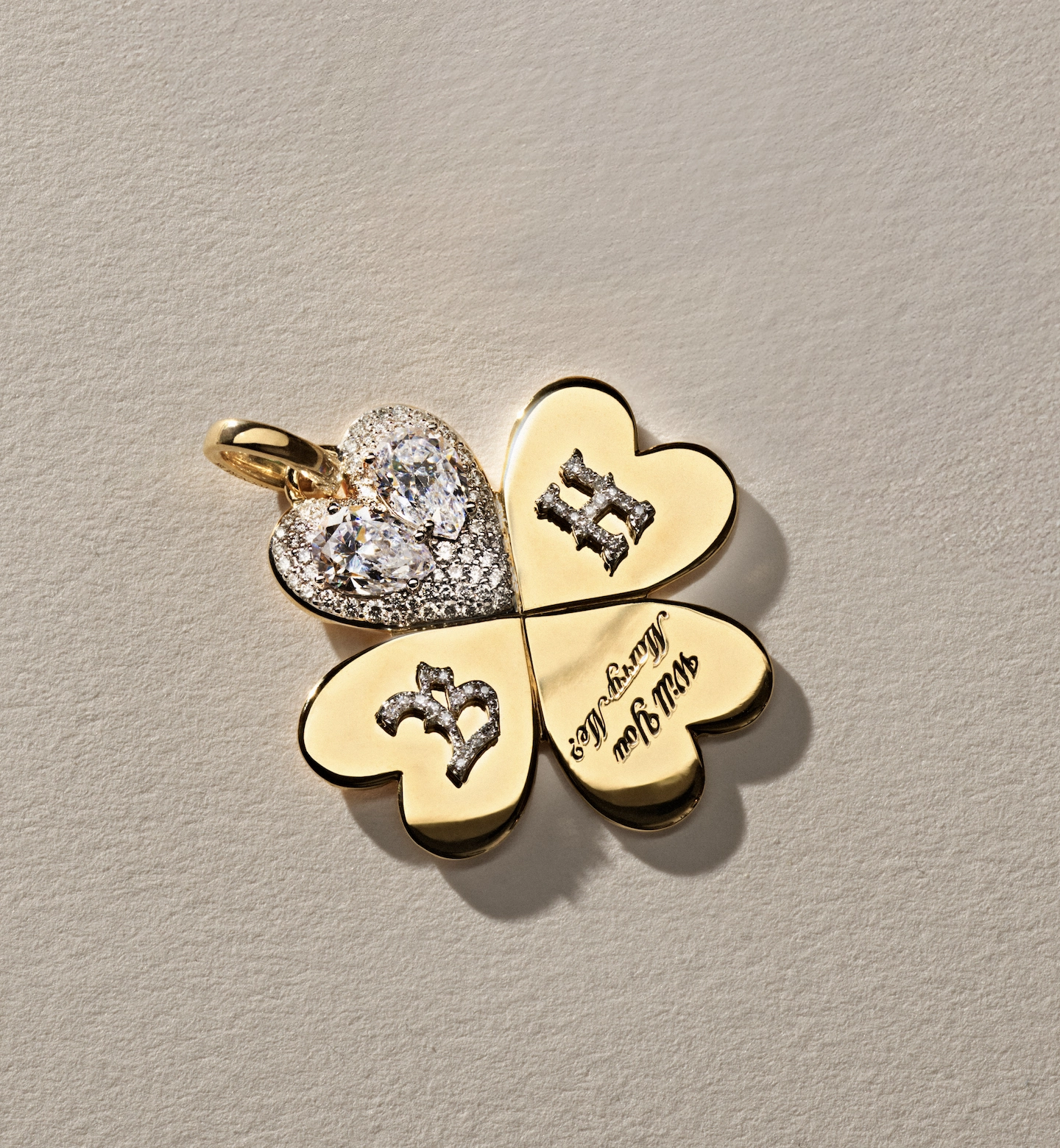 Custom Will You Marry Me Large Pendant : in Yellow Gold with Pear Diamonds with an Annex Link