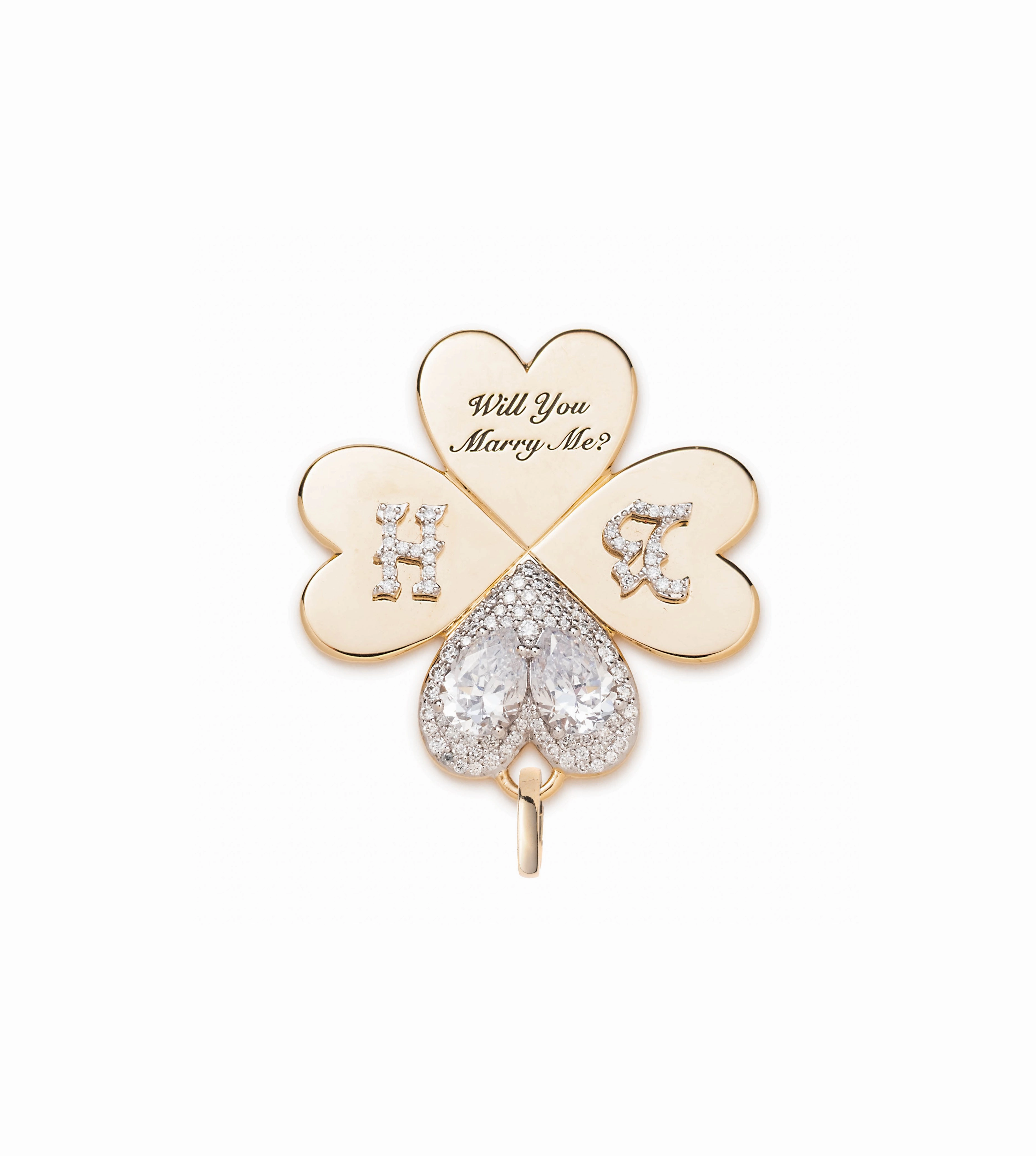 Custom Will You Marry Me Large Pendant : in Yellow Gold with Pear Diamonds with an Annex Link