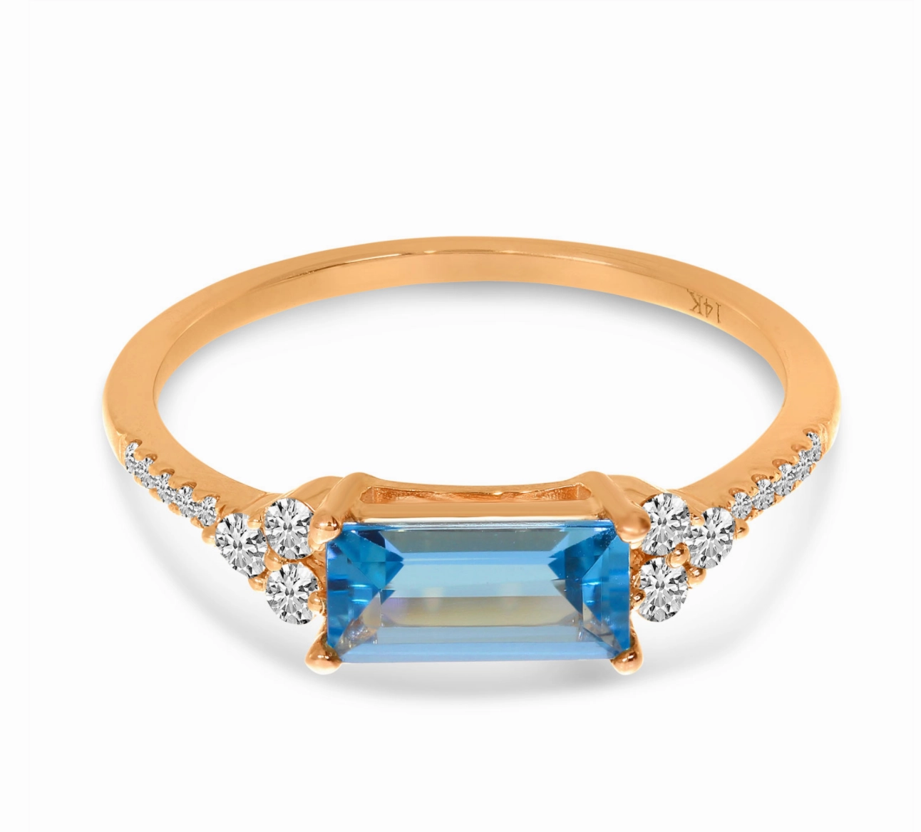 East West Octagon Blue Topaz and Diamond RIng