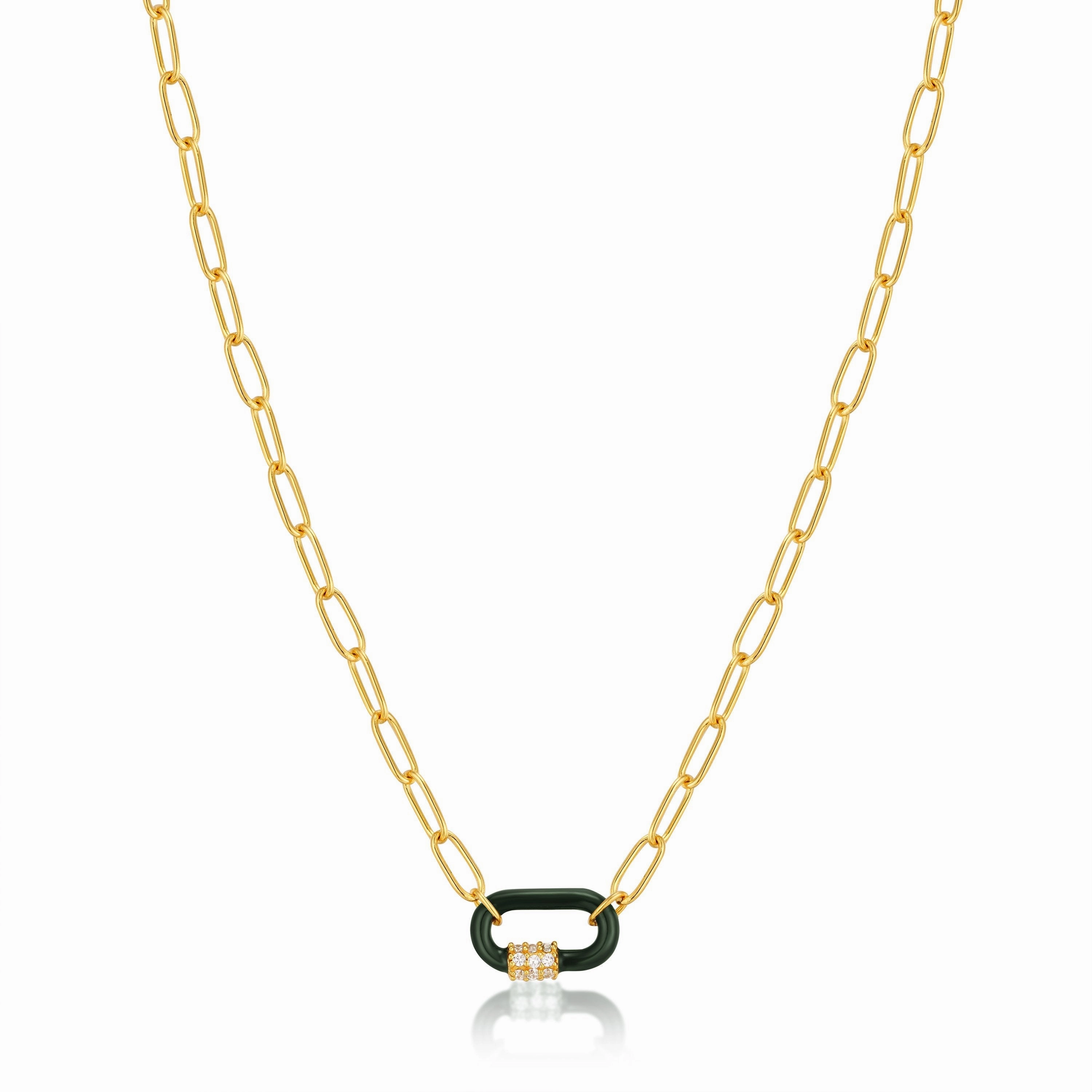 Forest Green Enamel Carabiner Gold Necklace