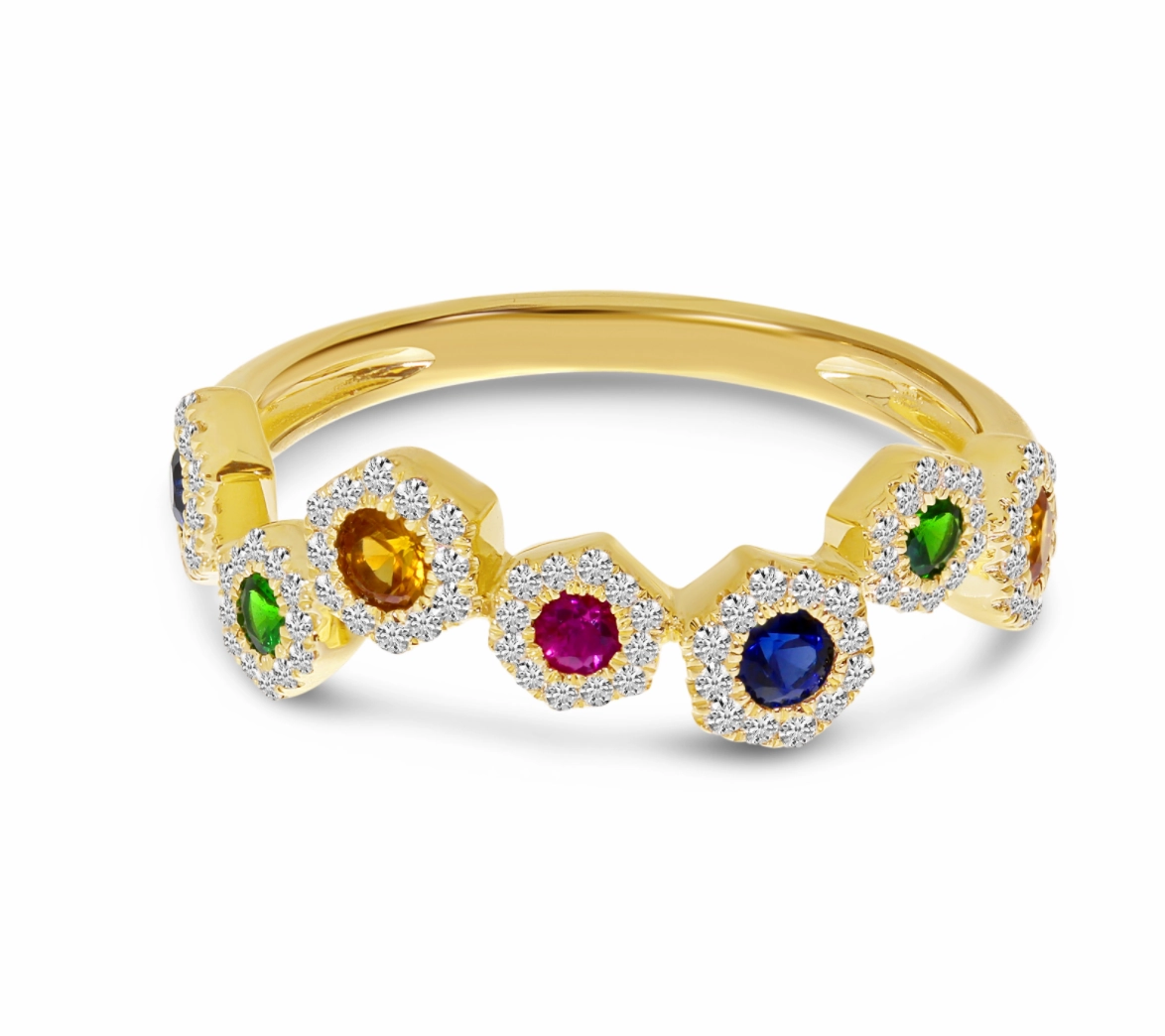 Hexagon Rainbow ZigZag Sapphire Ring