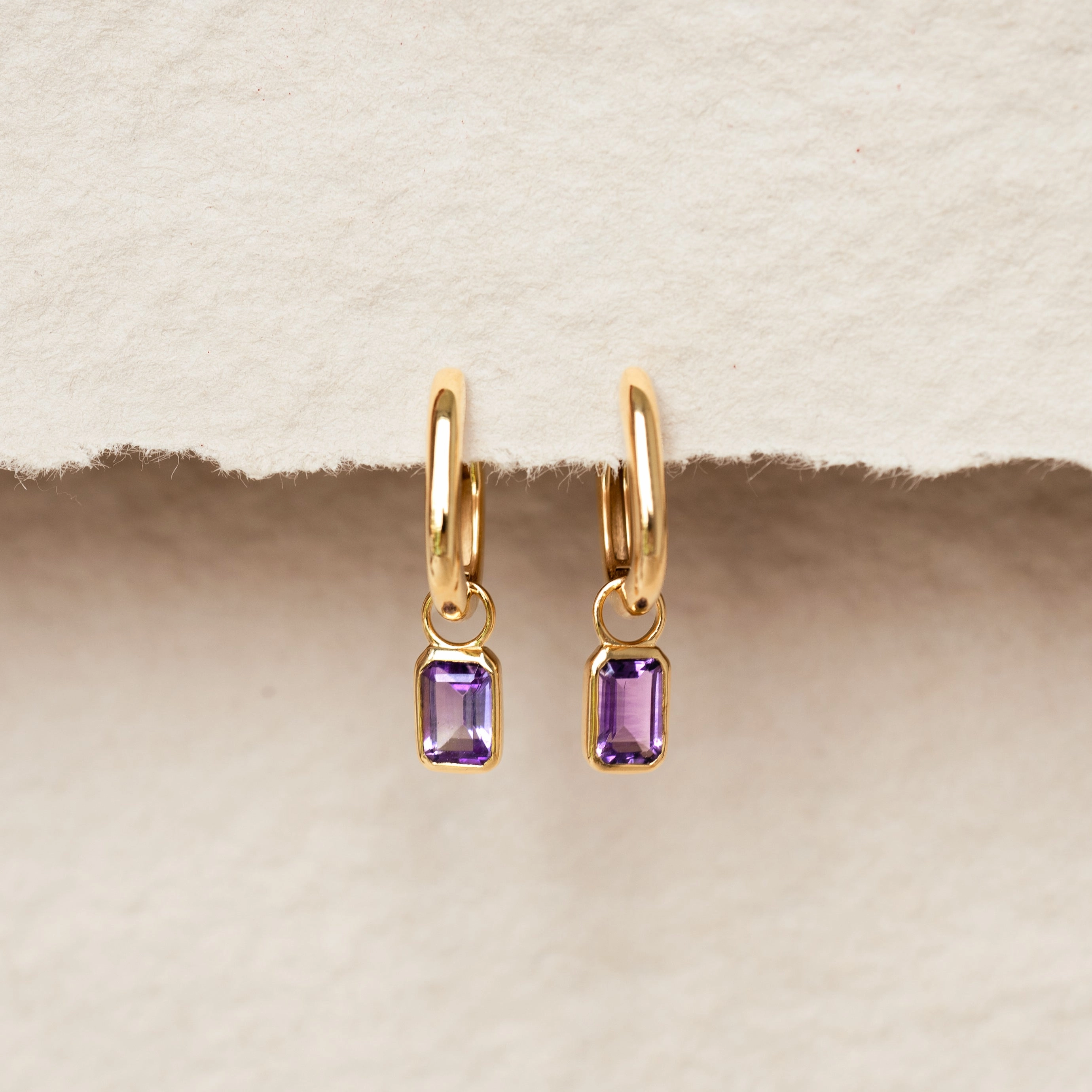 Huggie Earrings with Baguette Charms Amethyst - Amelia