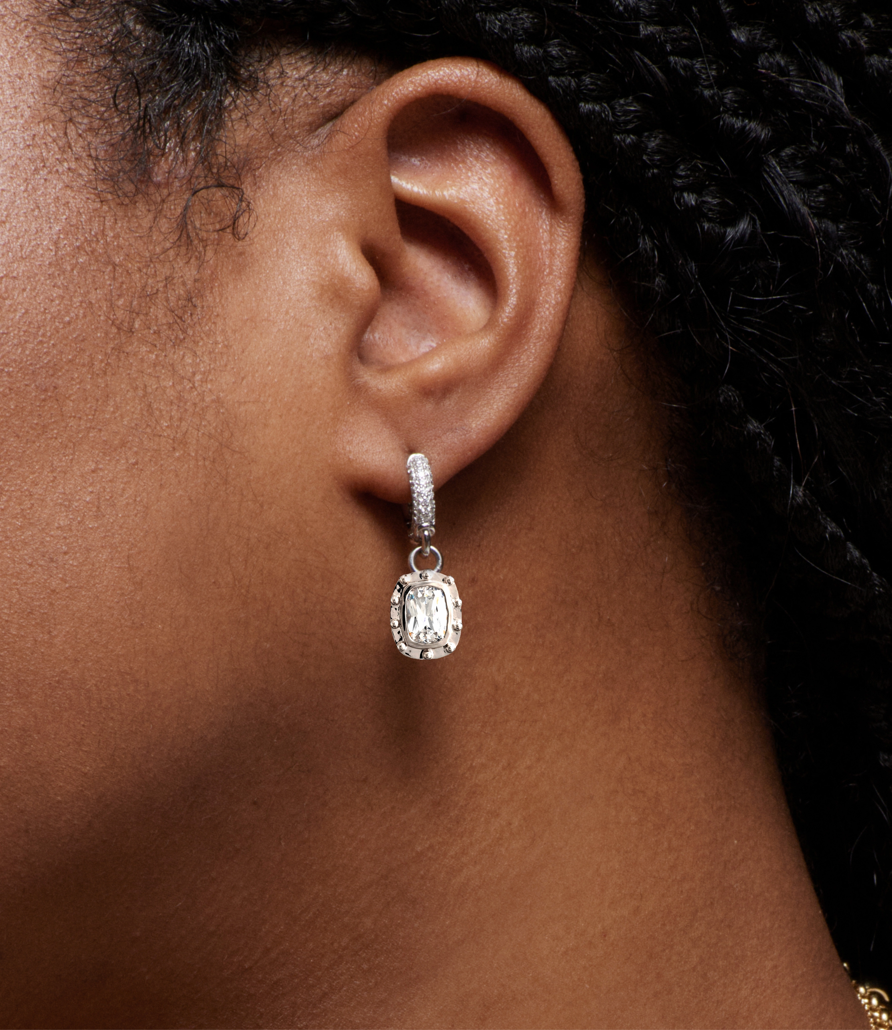 Lovestruck Pendant on Ear Hoop : in White Gold with Cushion and Pave Diamonds