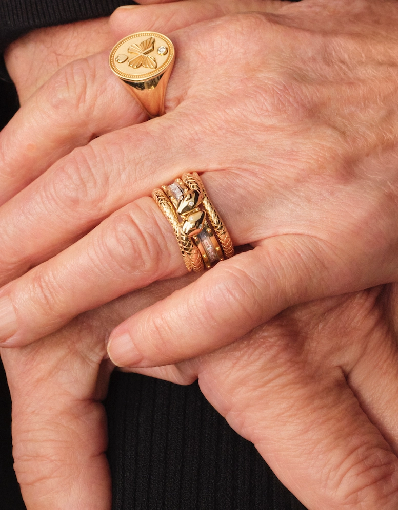 Lovestruck Pierced and Snake Bookend Ring Stack : in Yellow Gold with Baguette Diamonds