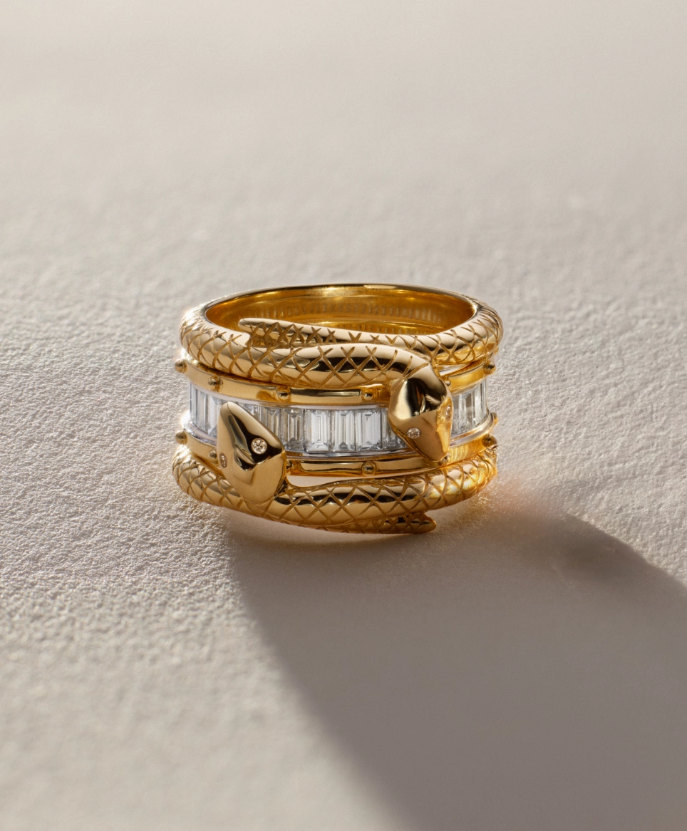 Lovestruck Pierced and Snake Bookend Ring Stack : in Yellow Gold with Baguette Diamonds