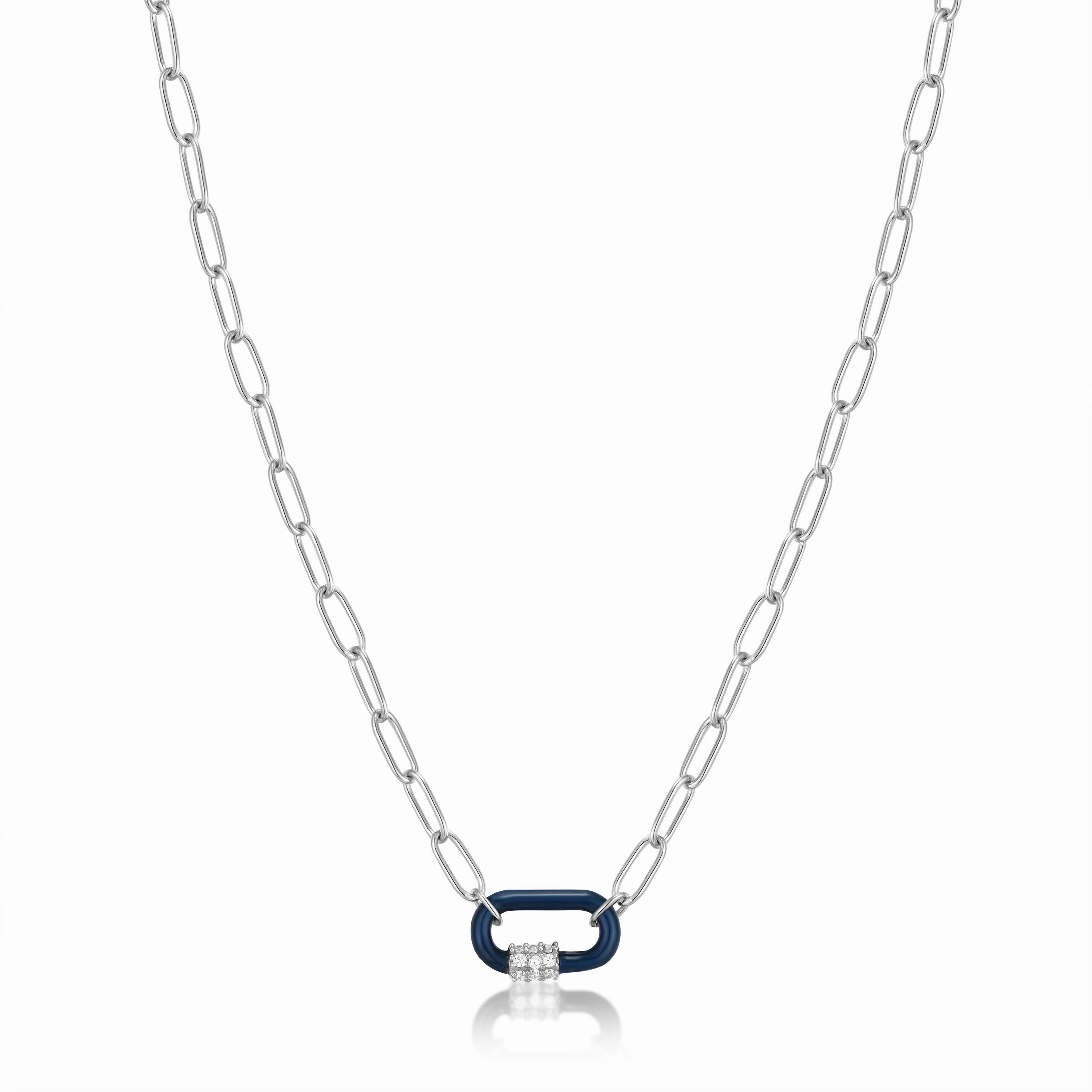 Navy Blue Enamel Carabiner Silver Necklace