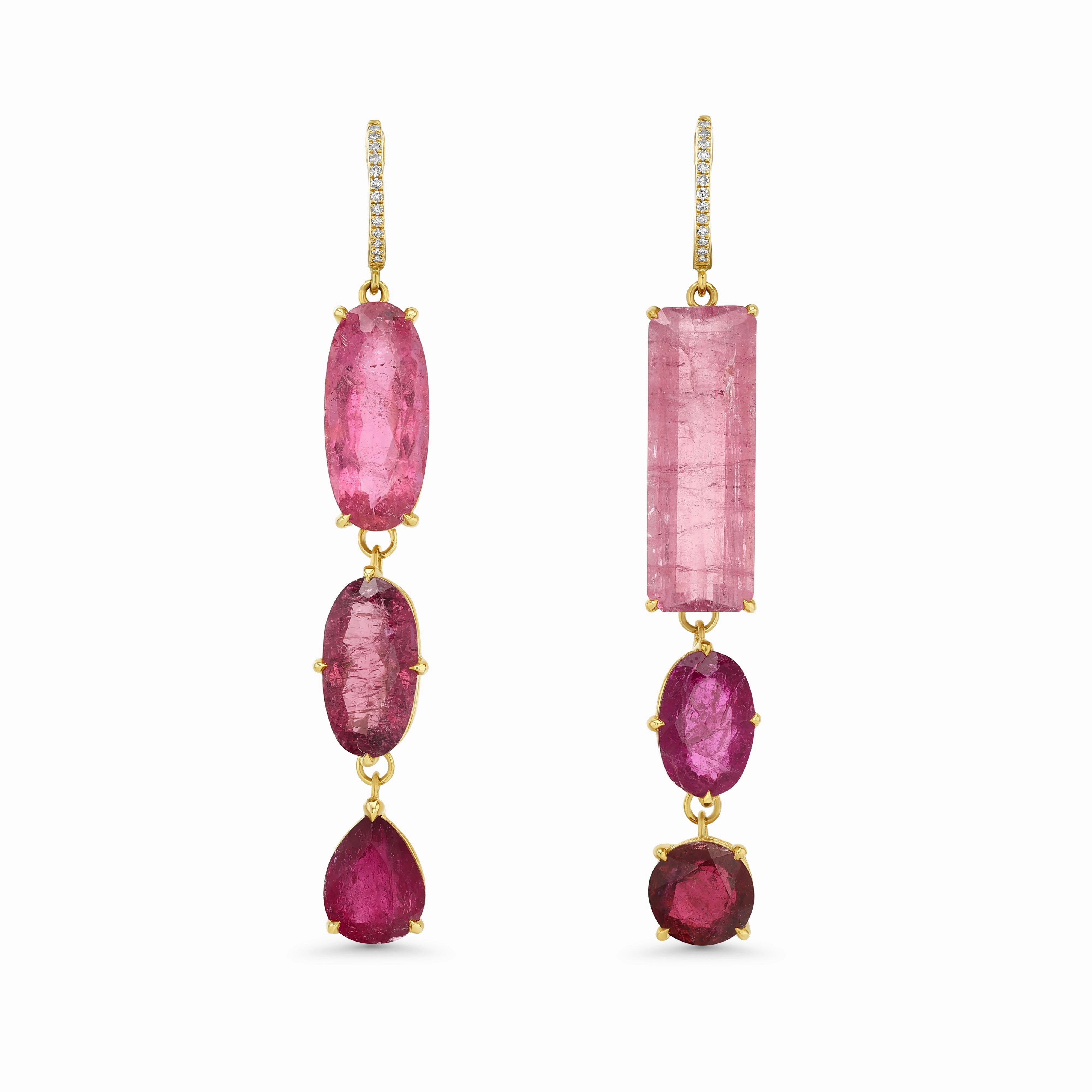 PINK TOURMALINE THREE STONE DROP EARRINGS