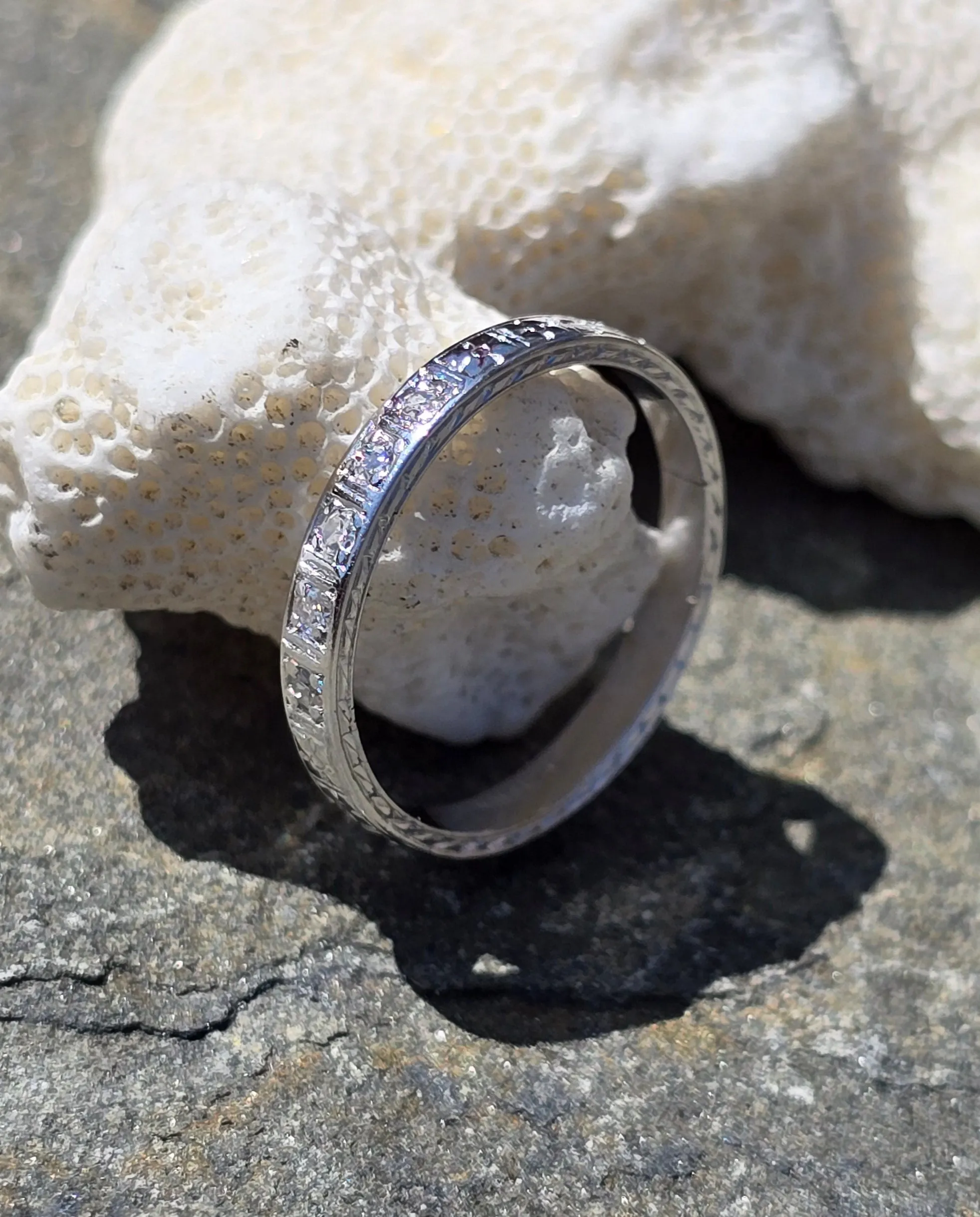 platinum 2.5mm 5 diamond vintage engraved wedding band