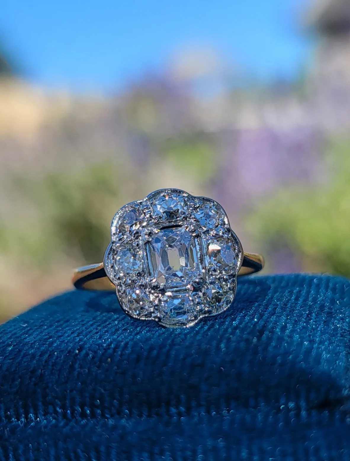 Platinum & 14k two tone old mine cut diamond antique halo engagement wedding ring - England