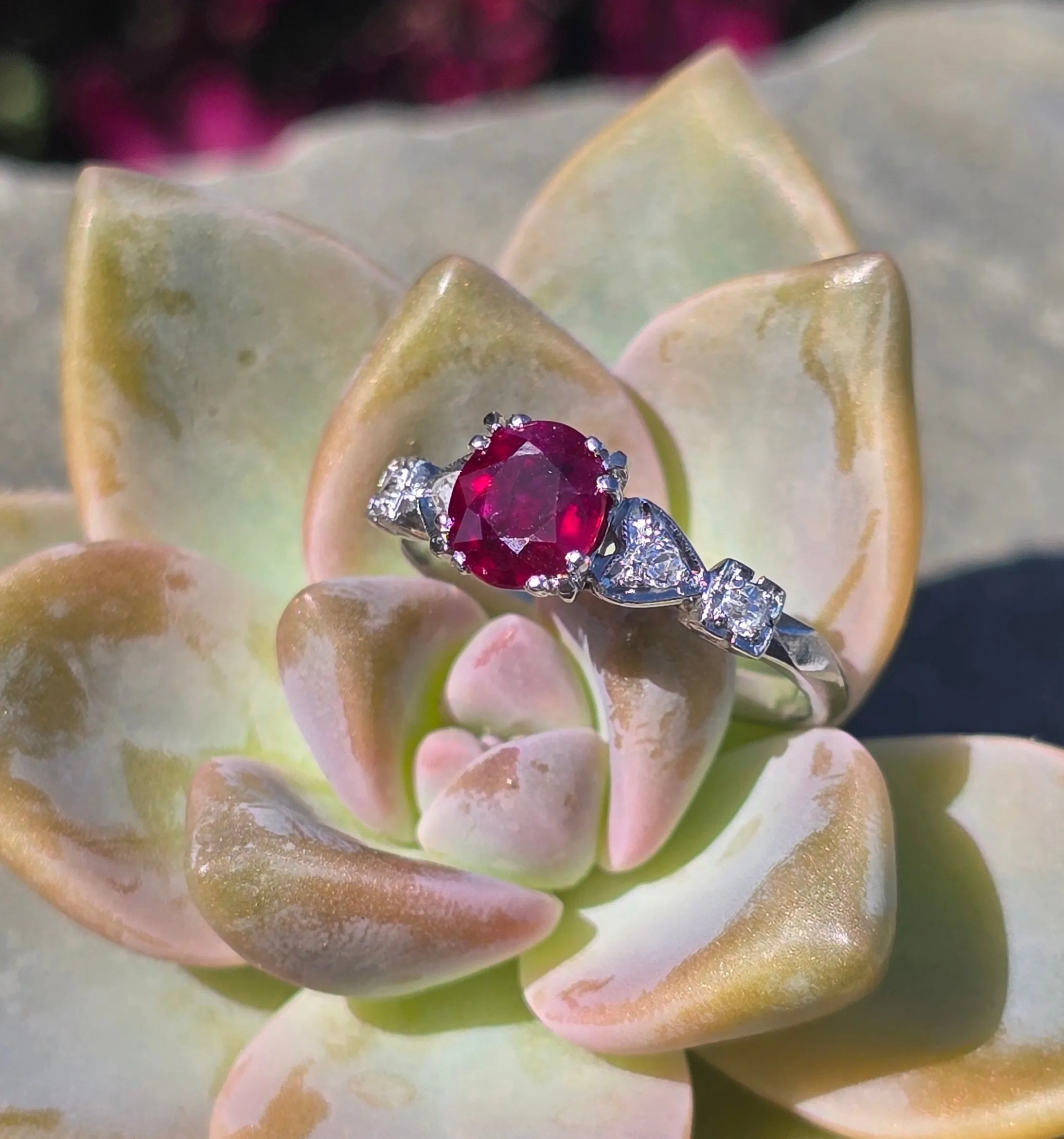 Platinum and 14k white gold ruby and diamond heart accented vintage ring