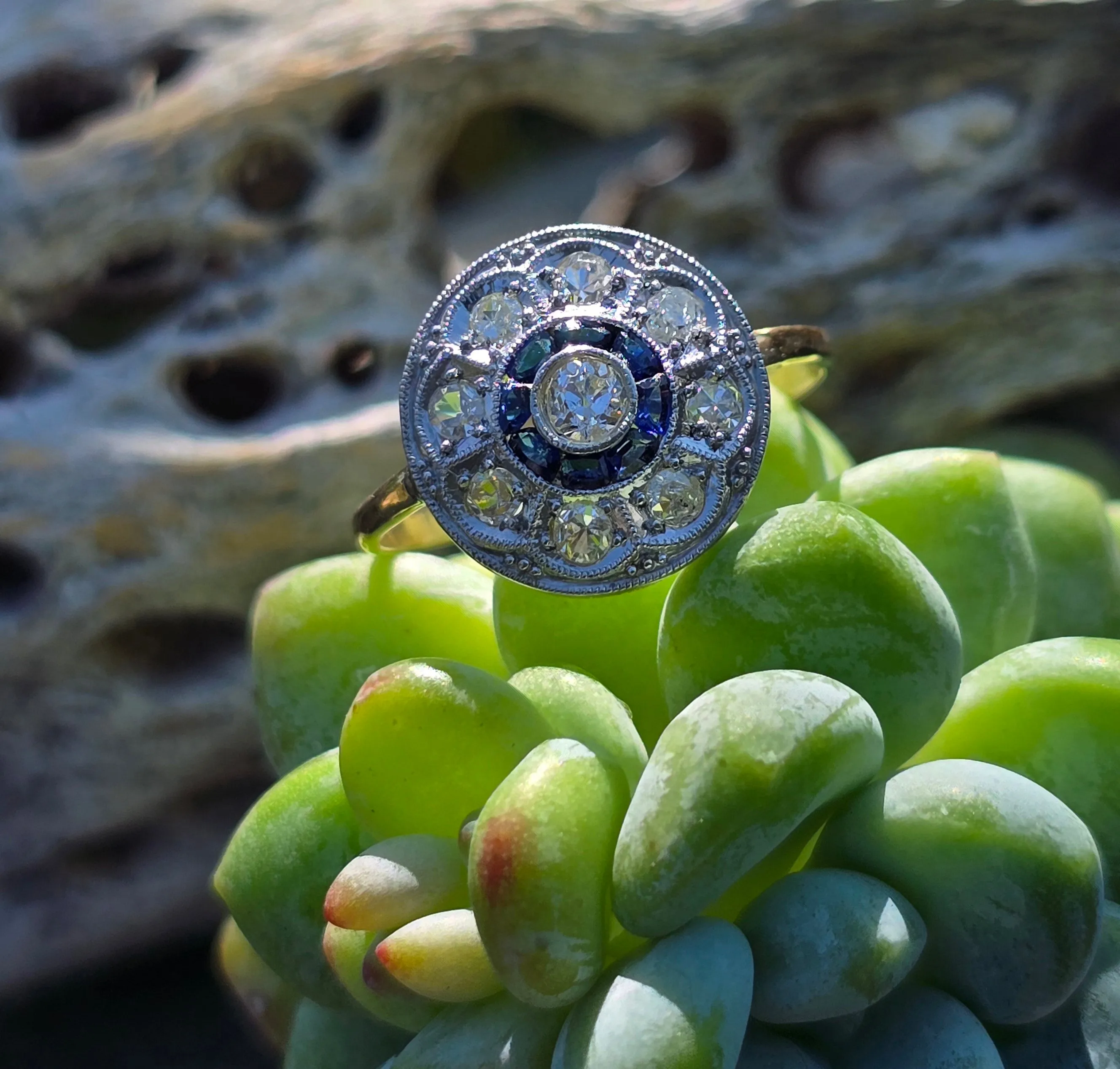 platinum and 18ct gold two tone Deco estate sapphire & diamond target ring