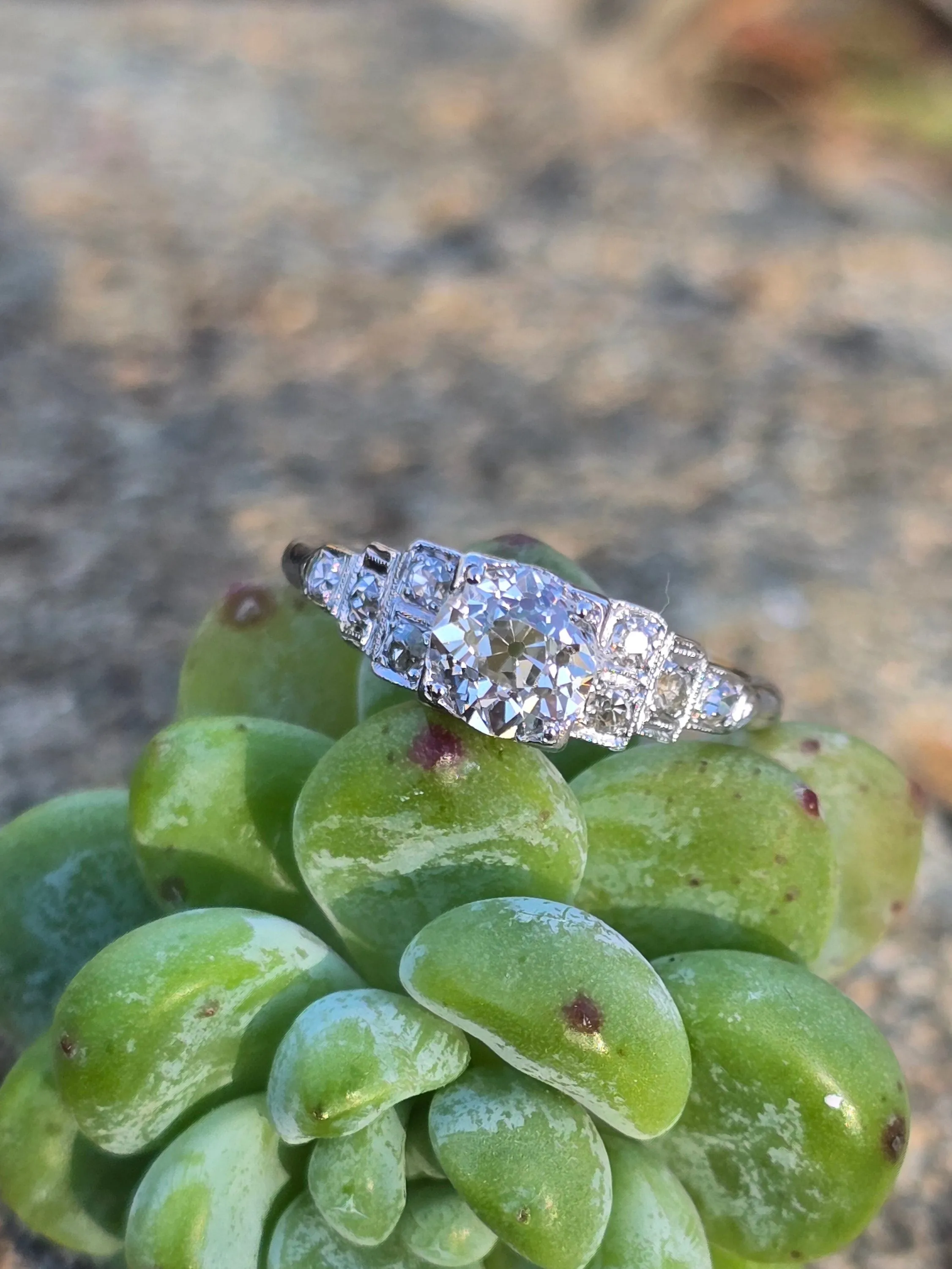 Platinum Art Deco c.1920's .86ct European cut diamond engagement wedding ring