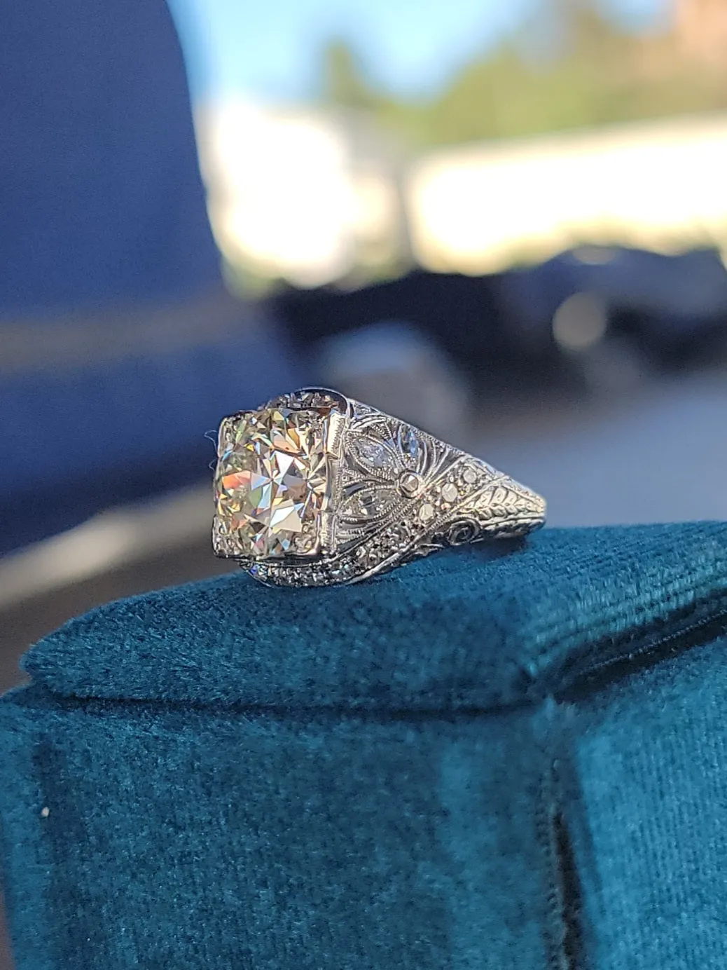 Platinum c.1920's floral filigree 2.85ct diamond antique engagement wedding ring =apx 3.65ct tw
