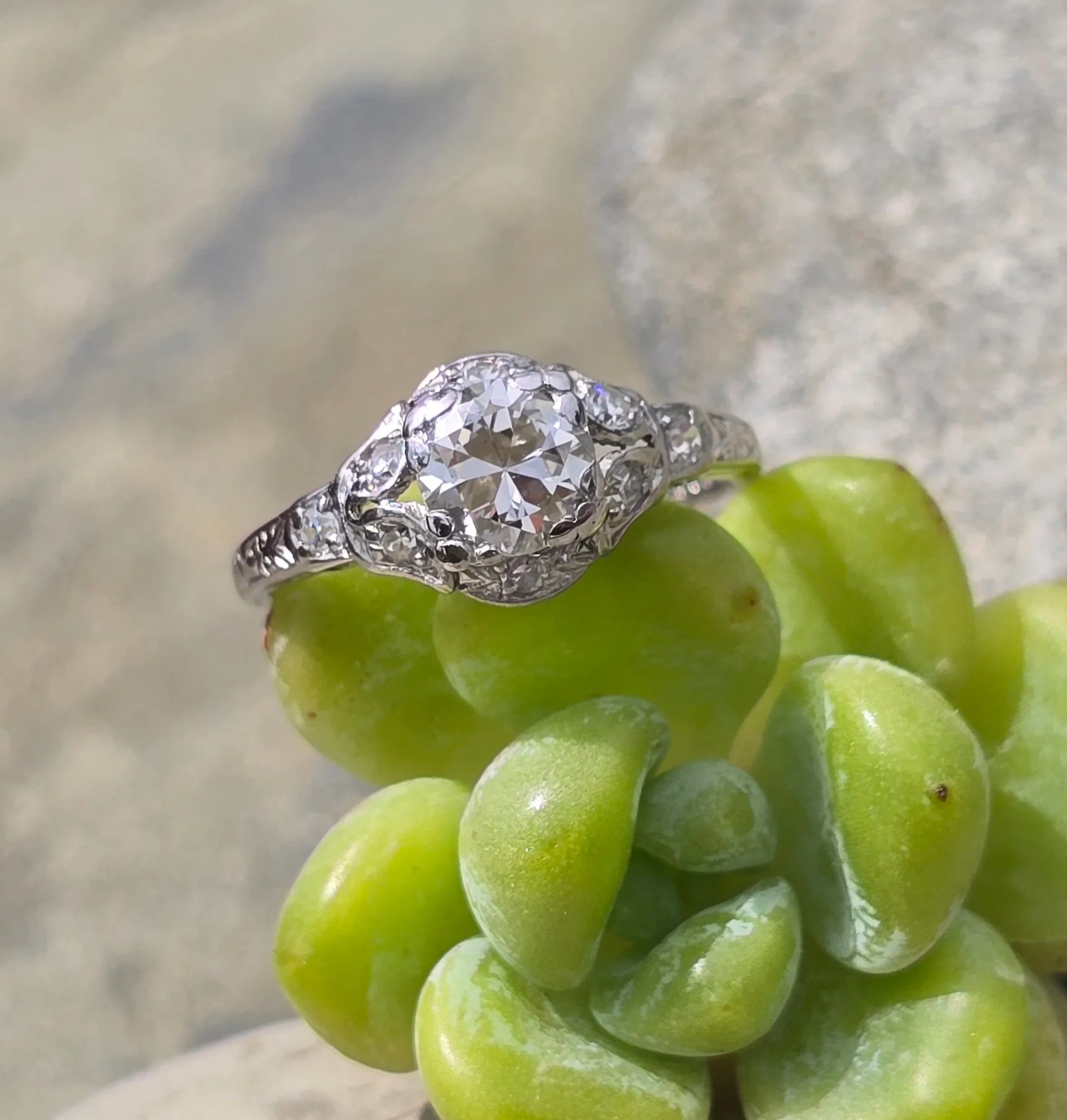 platinum Deco European cut diamond engagement ring - apx .78ct tw