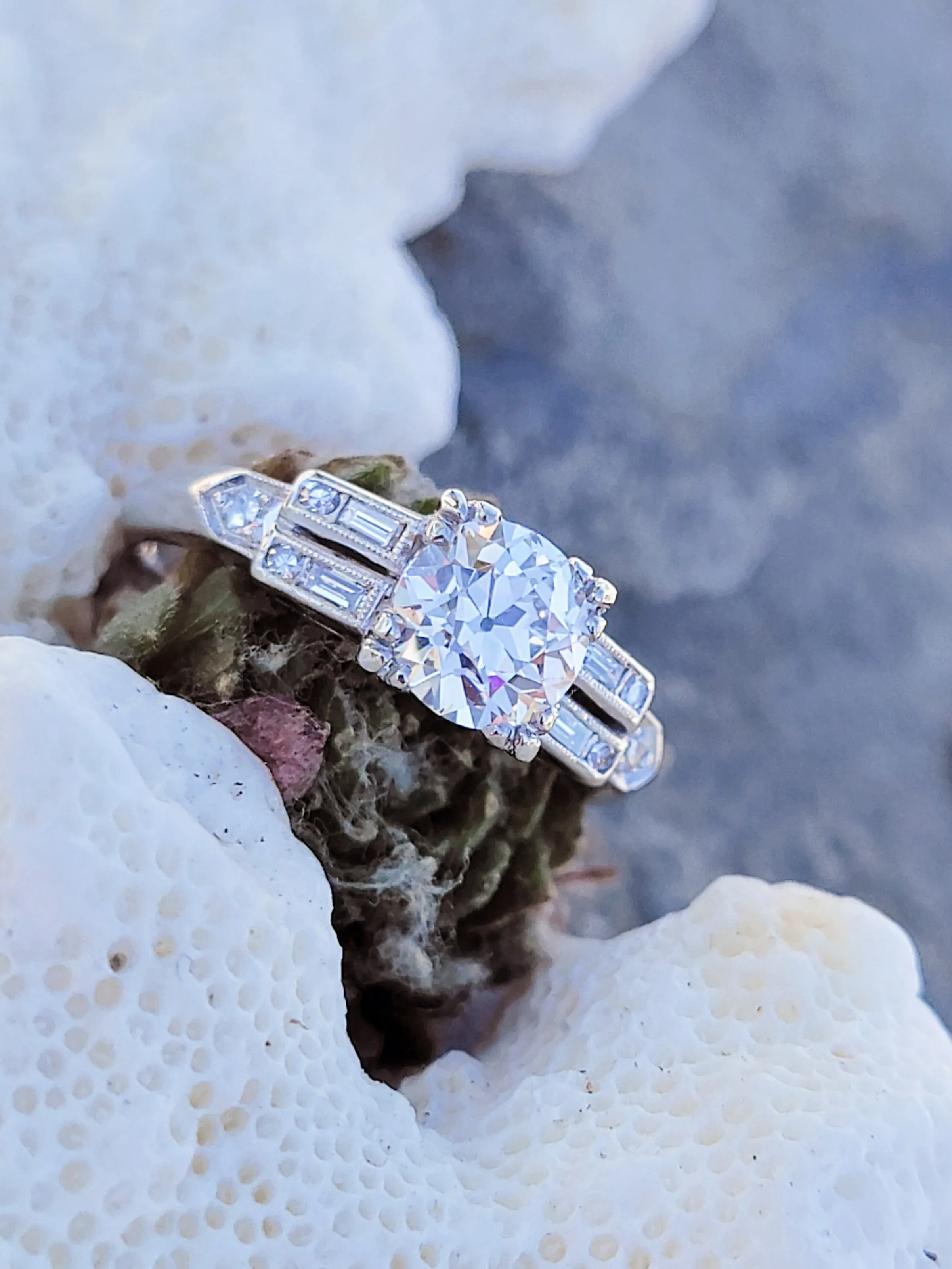 Platinum diamond vintage engagement ring - apx 1.22ct tw GIA certified