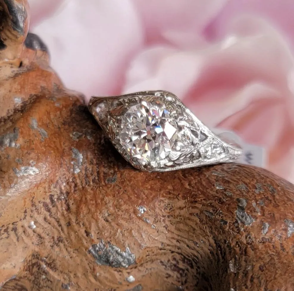 Platinum Edwardian Filigree European cut diamond antique Ring