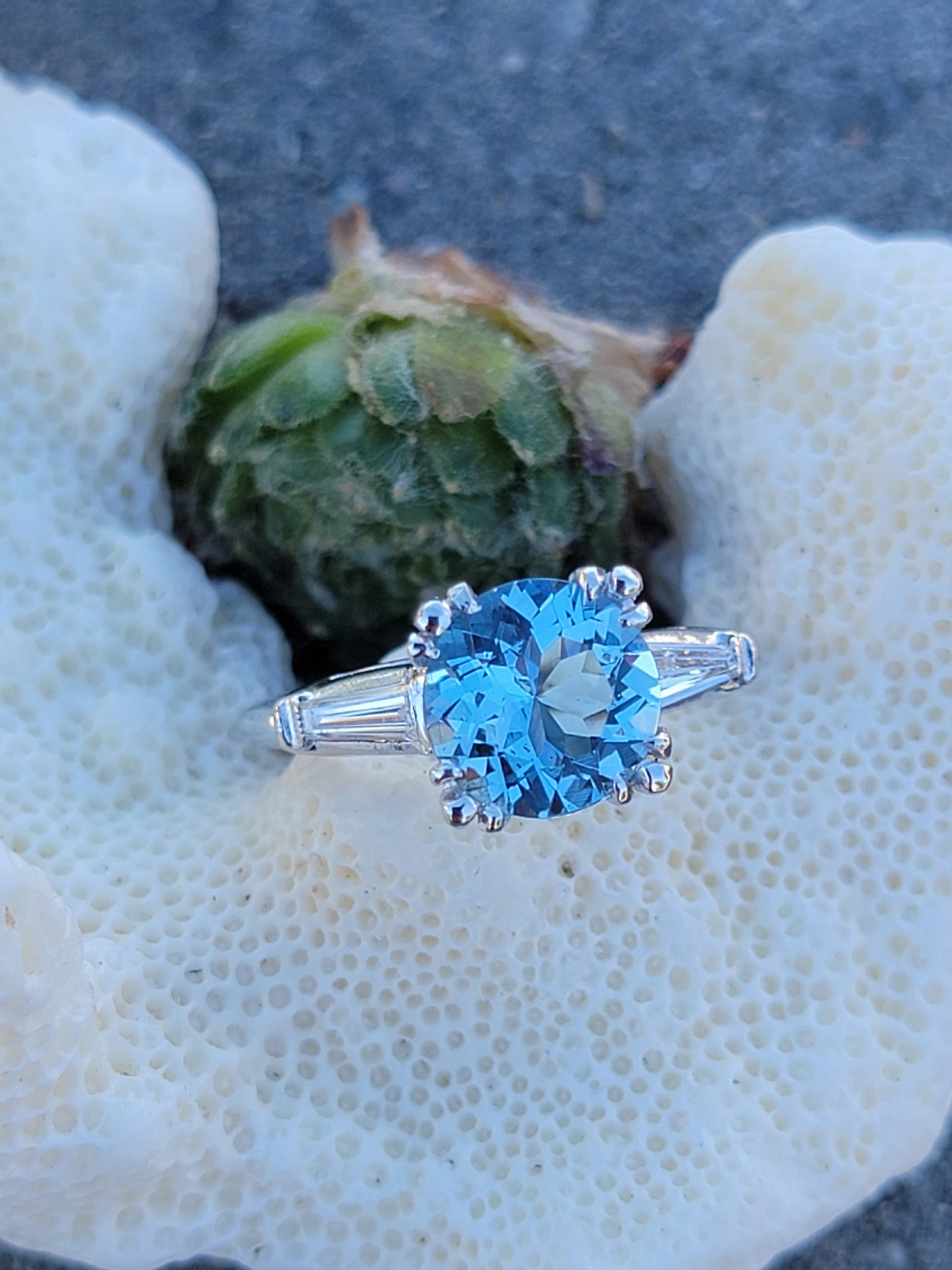 platinum aquamarine & baguette diamond estate ring