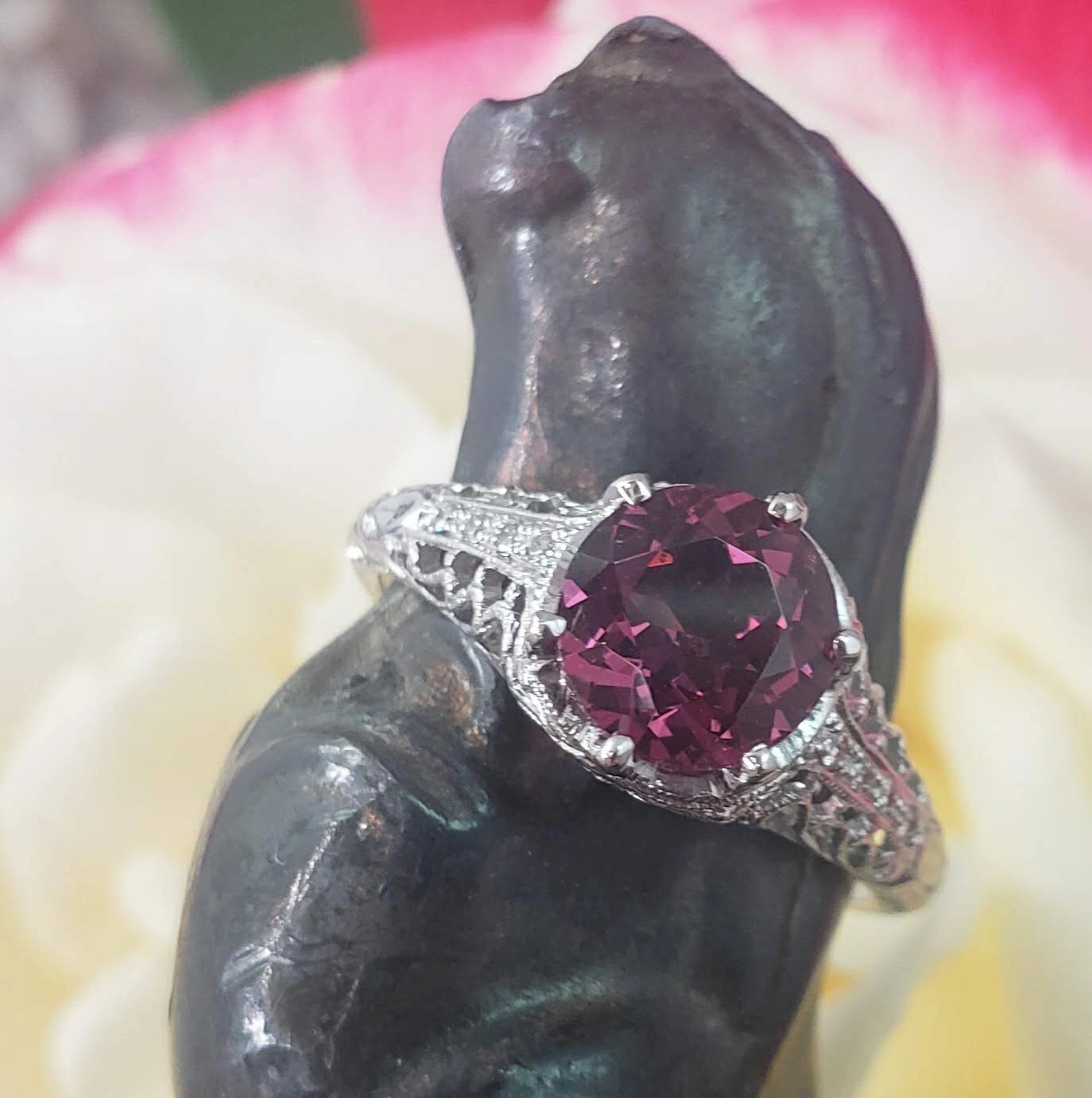 Platinum pink raspberry Tourmaline & diamond filigree Ring