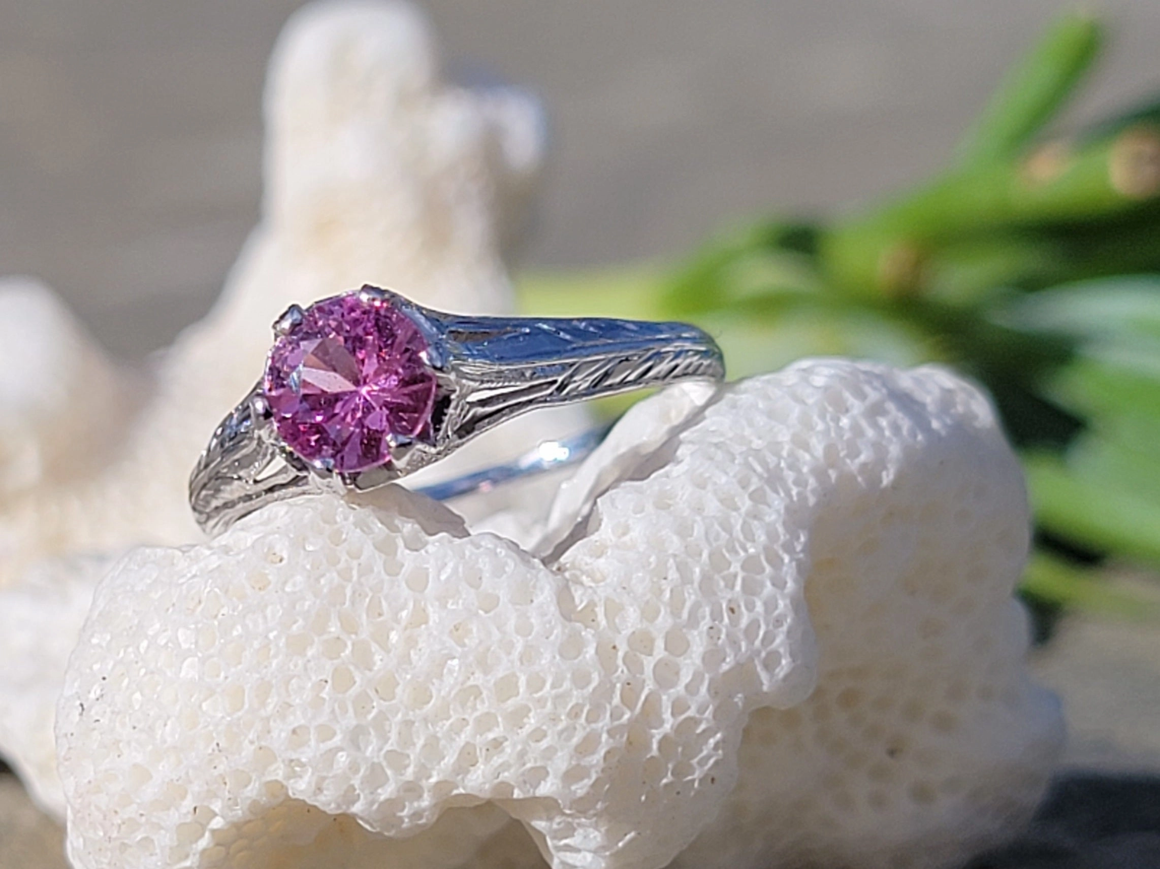 Platinum pink sapphire filigree Edwardian ring