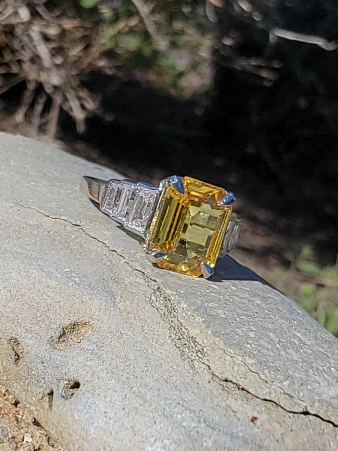 Platinum YELLOW sapphire & baguette diamond estate ring